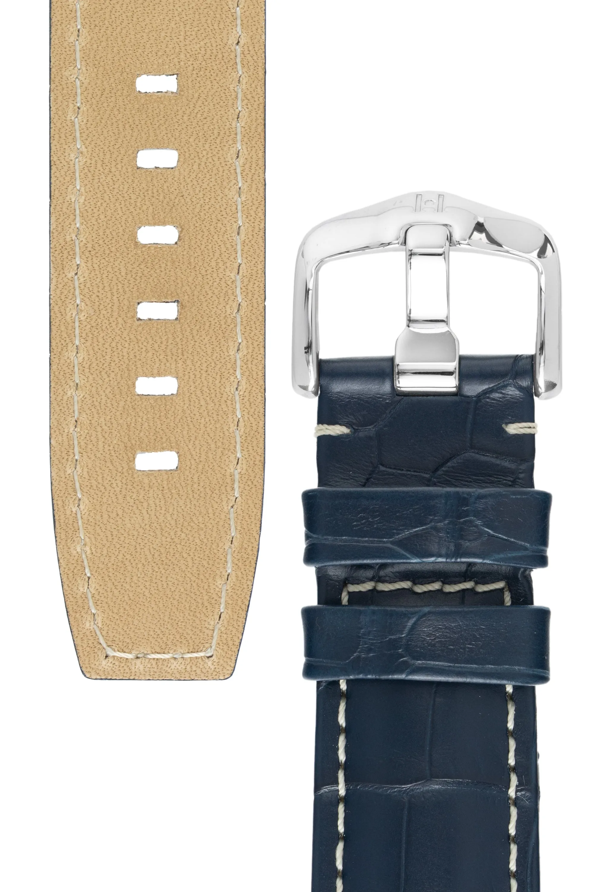 Hirsch TRITONE Padded Alligator Leather Watch Strap in BLUE With WHITE Stitching