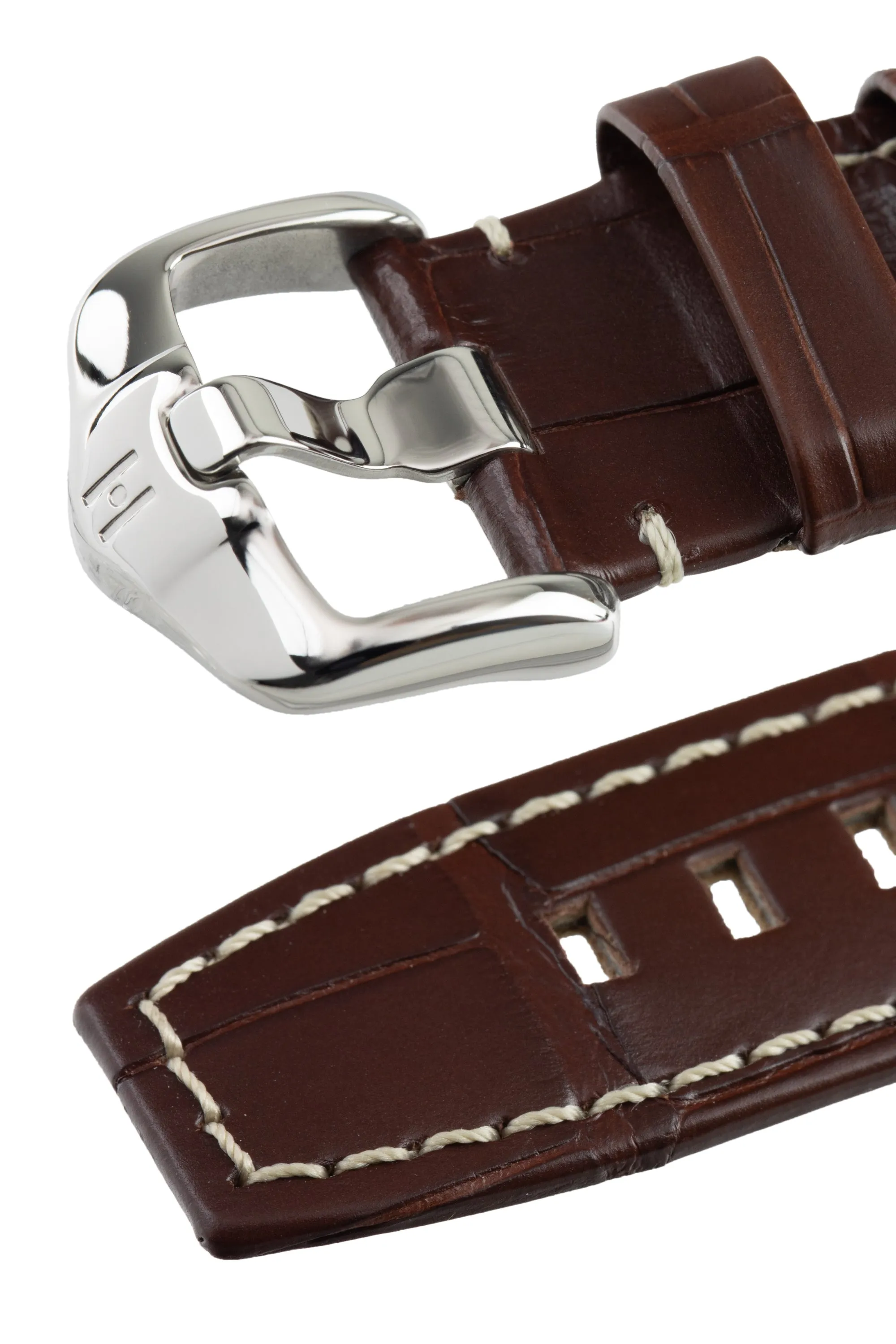 Hirsch TRITONE Padded Alligator Leather Watch Strap in BROWN With WHITE Stitching