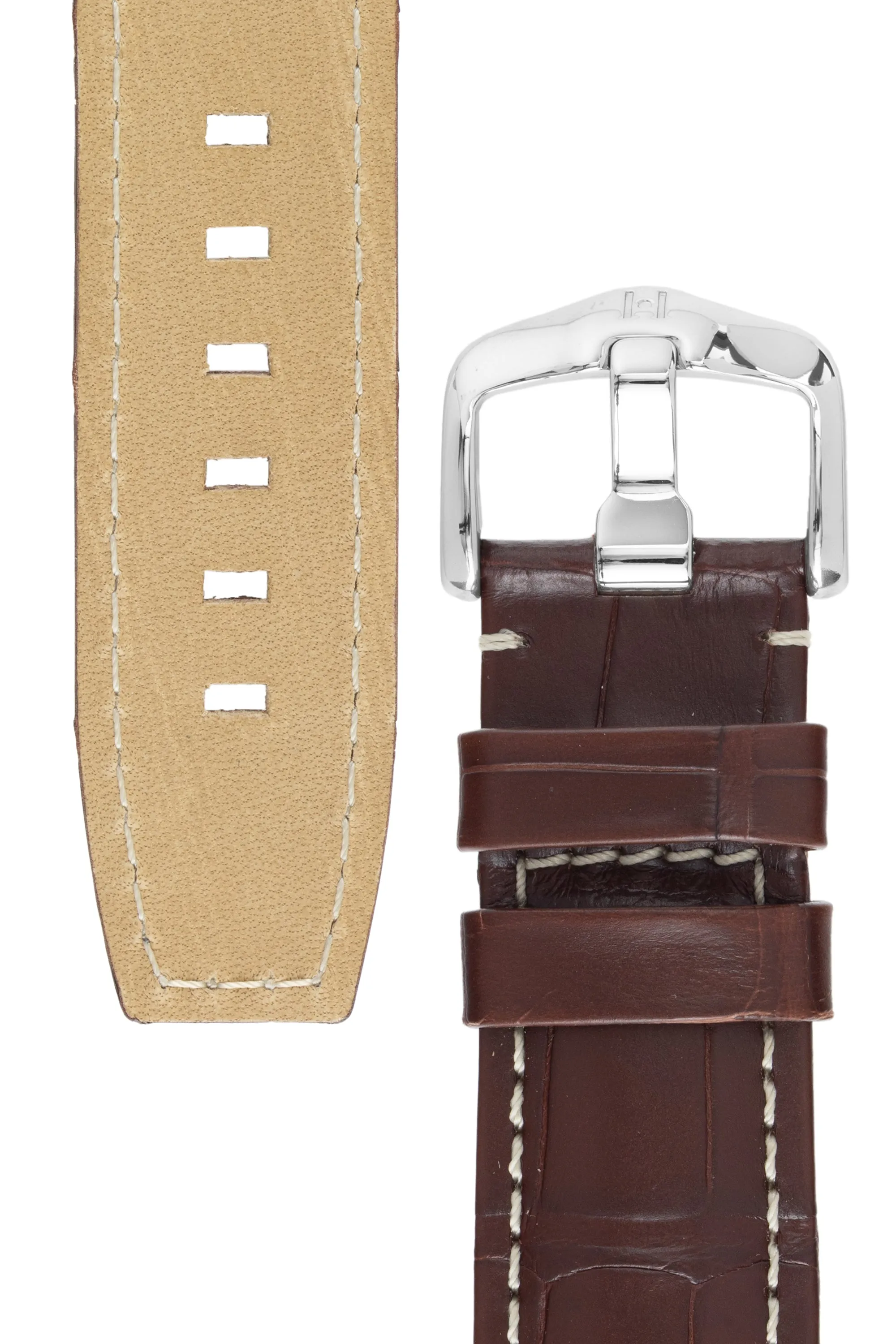 Hirsch TRITONE Padded Alligator Leather Watch Strap in BROWN With WHITE Stitching