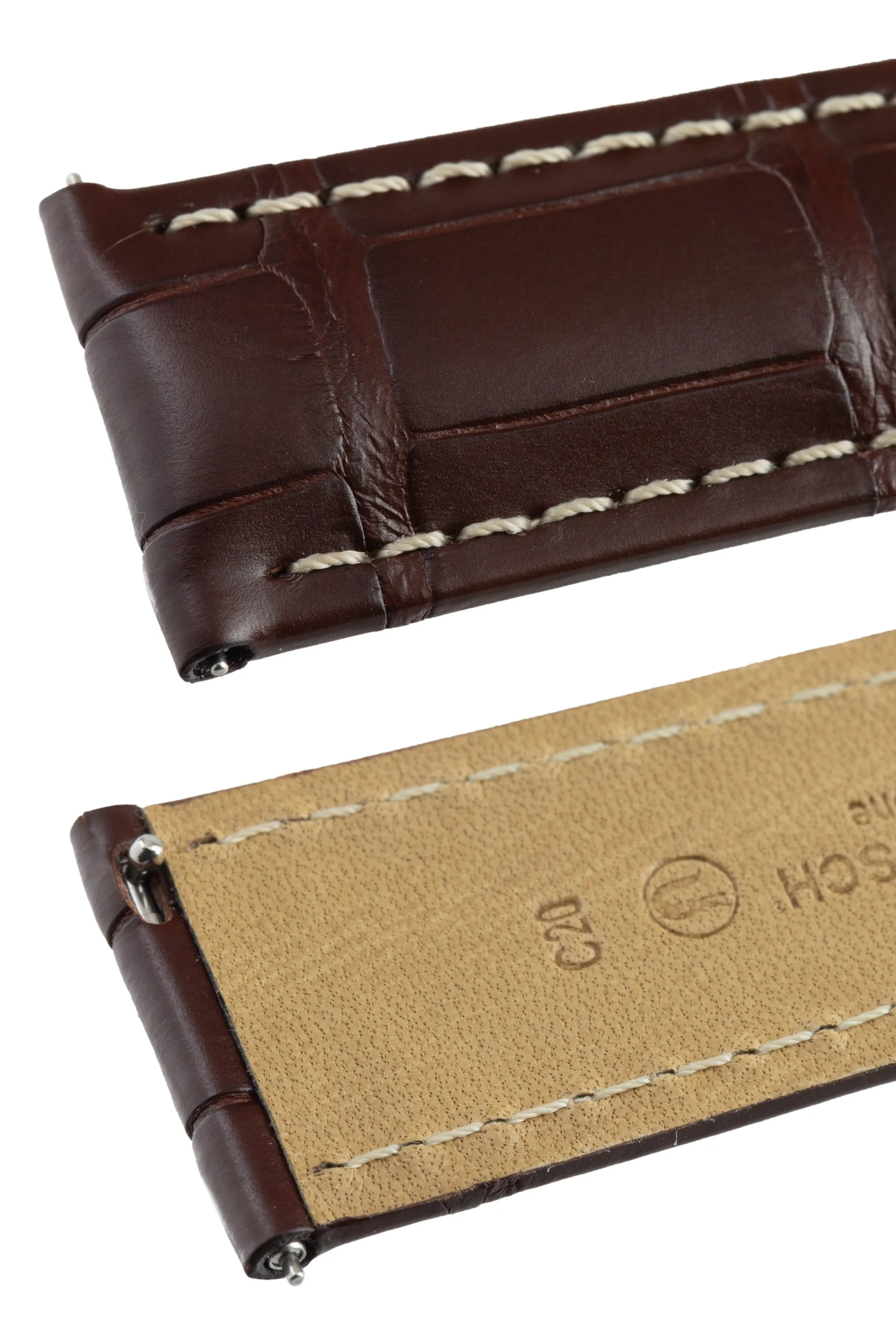 Hirsch TRITONE Padded Alligator Leather Watch Strap in BROWN With WHITE Stitching