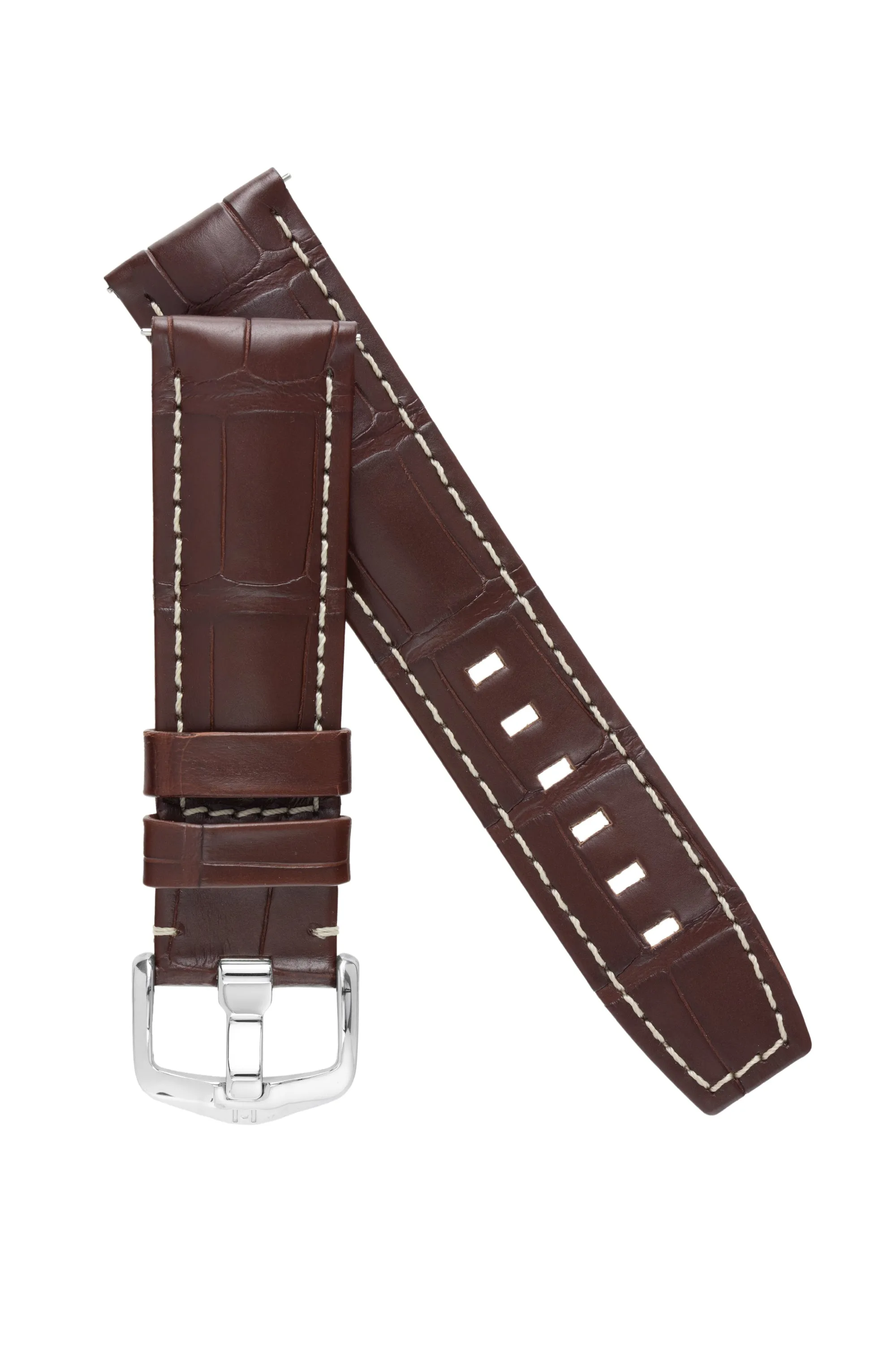 Hirsch TRITONE Padded Alligator Leather Watch Strap in BROWN With WHITE Stitching