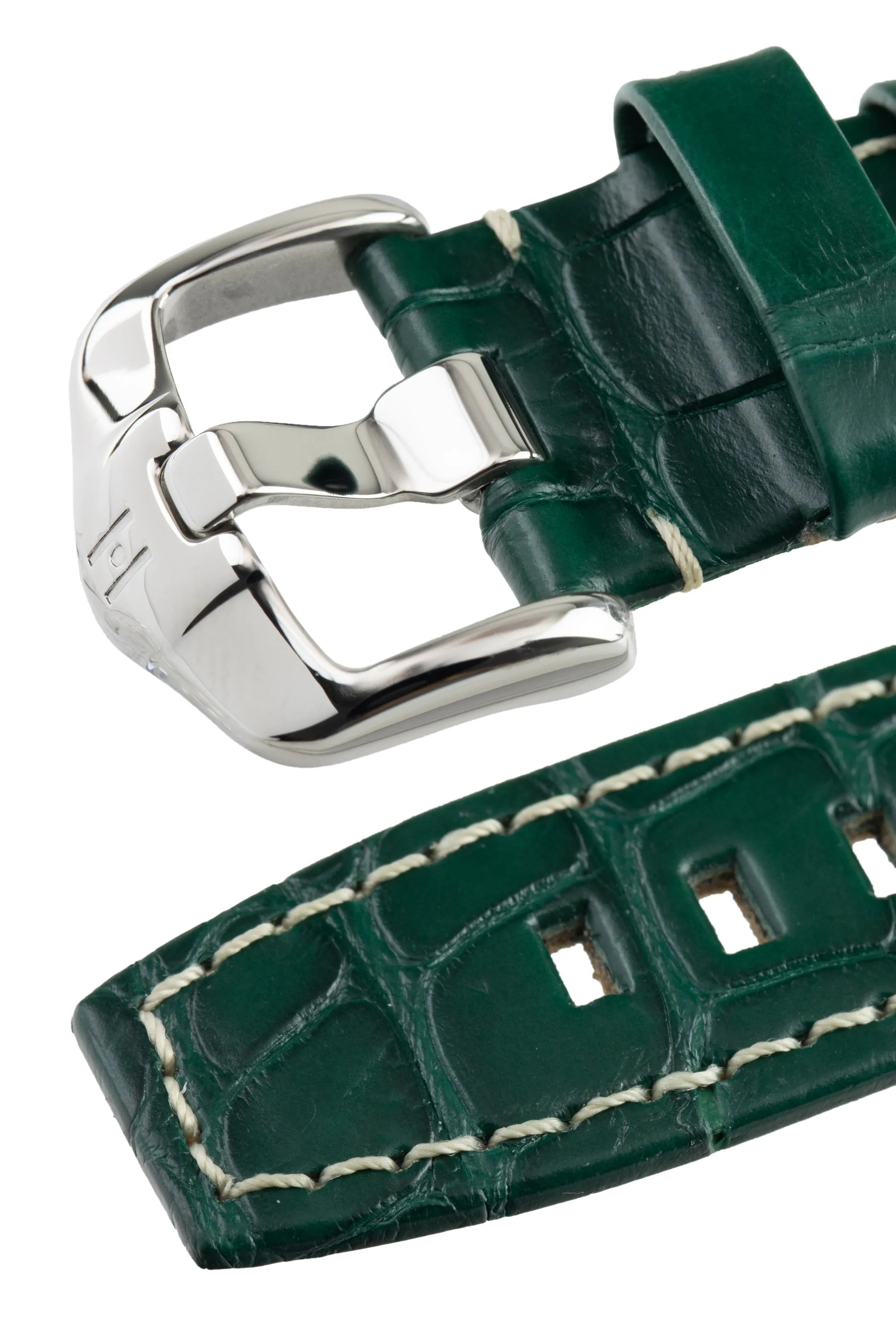 Hirsch TRITONE Padded Alligator Leather Watch Strap in DARK GREEN With WHITE Stitching