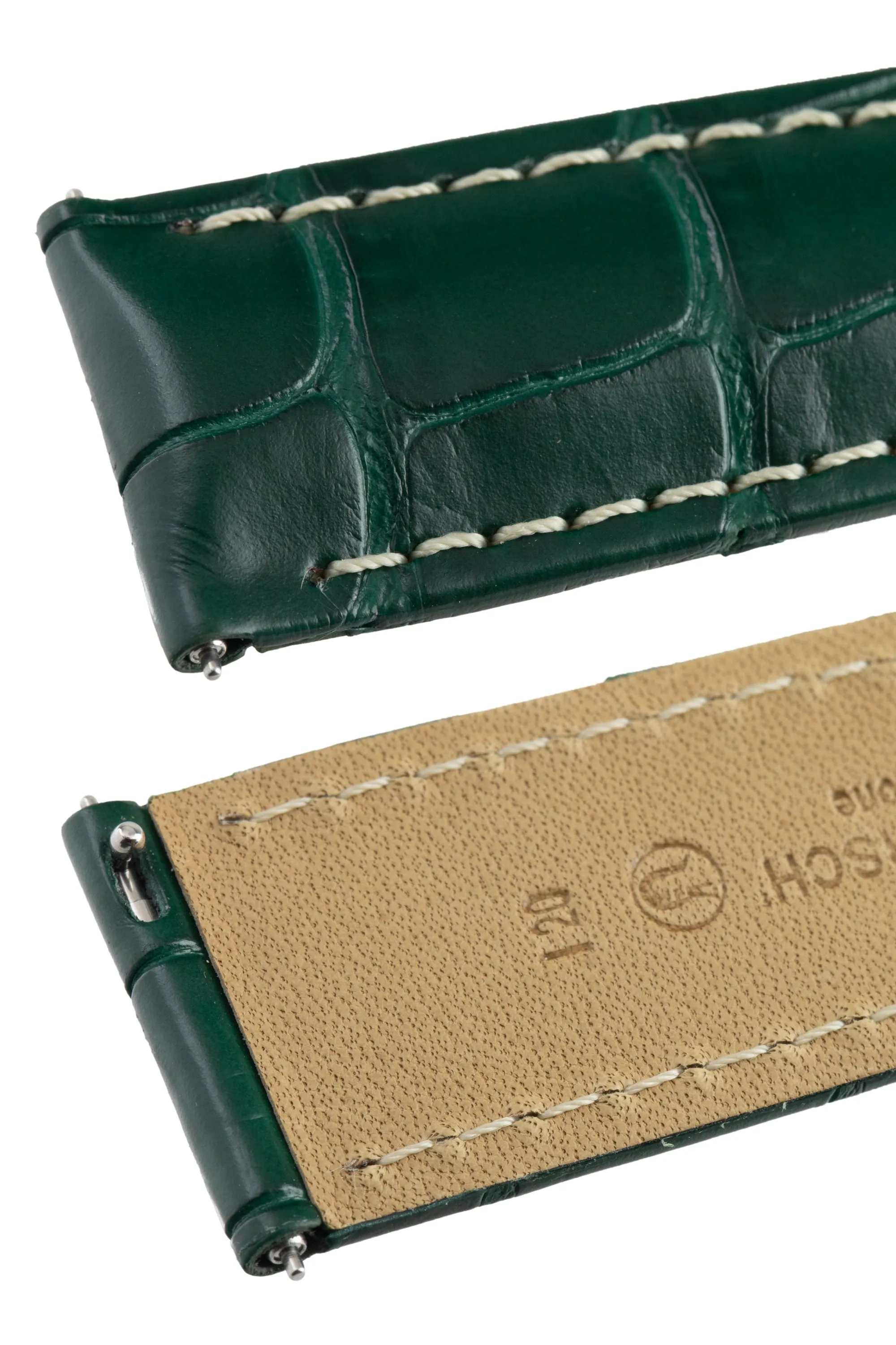 Hirsch TRITONE Padded Alligator Leather Watch Strap in DARK GREEN With WHITE Stitching