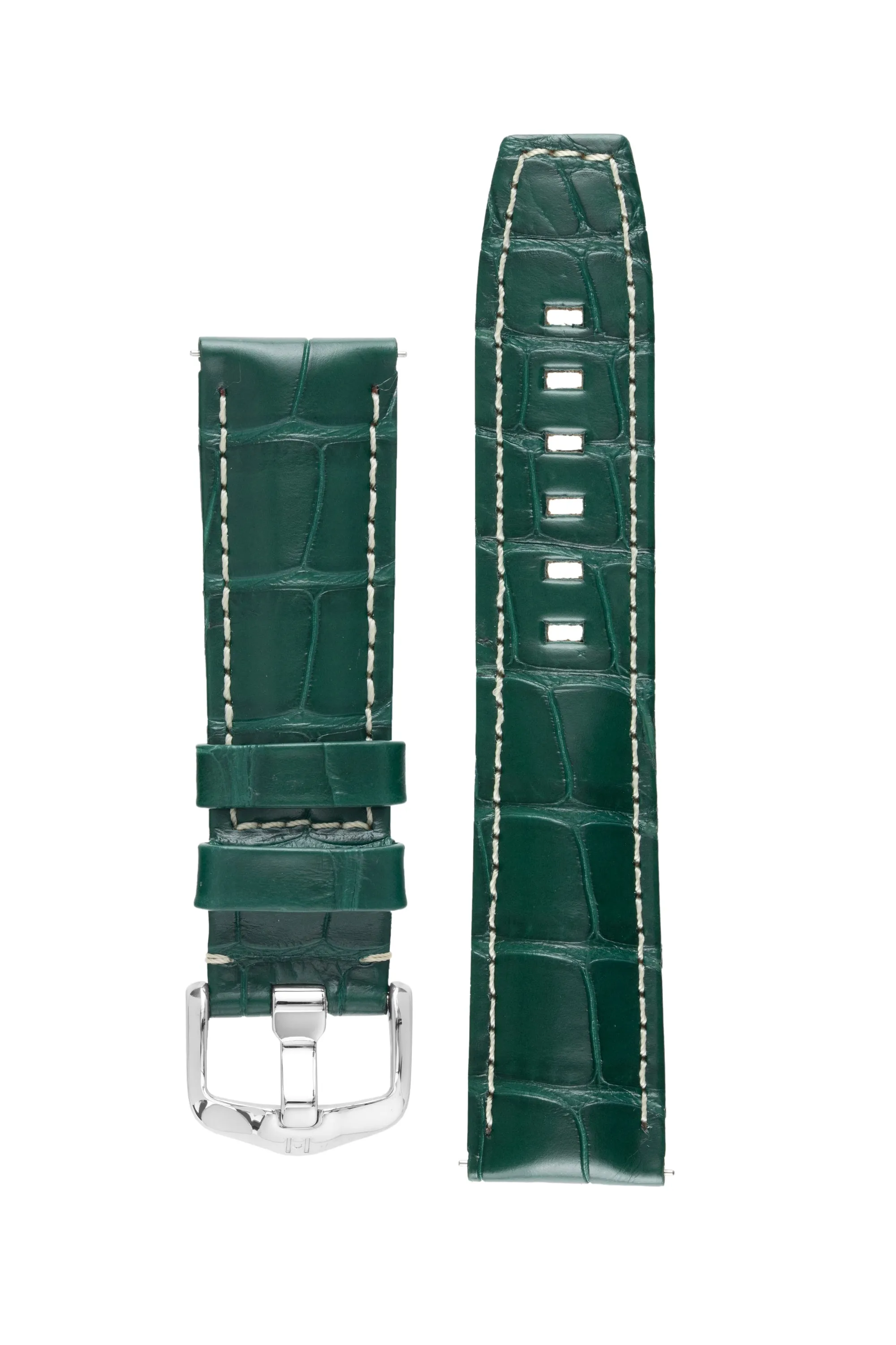 Hirsch TRITONE Padded Alligator Leather Watch Strap in DARK GREEN With WHITE Stitching