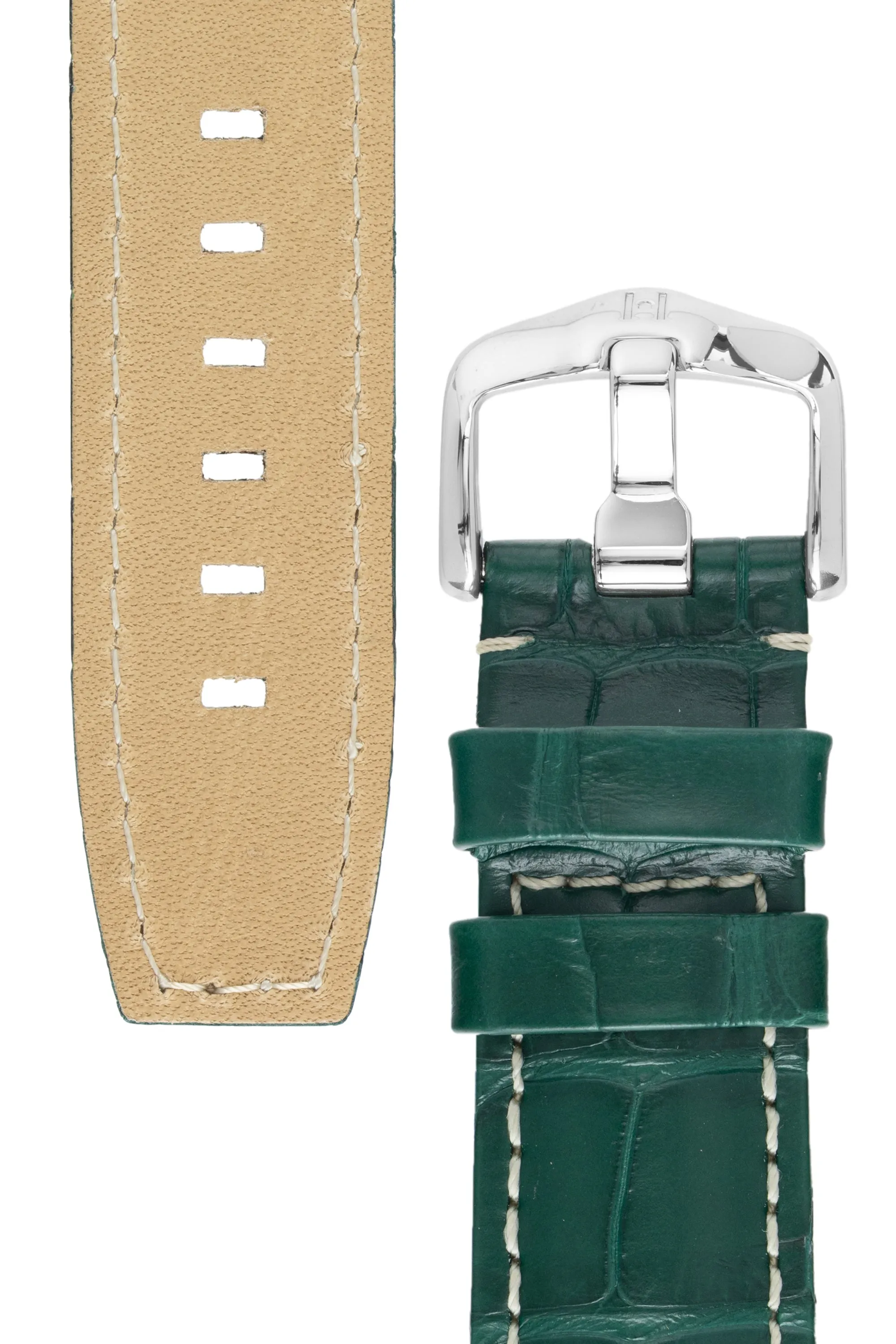 Hirsch TRITONE Padded Alligator Leather Watch Strap in DARK GREEN With WHITE Stitching