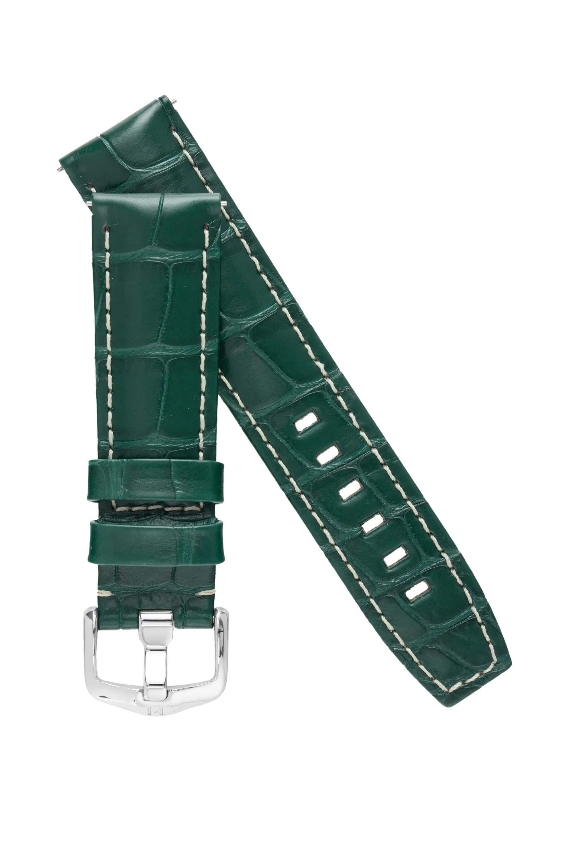 Hirsch TRITONE Padded Alligator Leather Watch Strap in DARK GREEN With WHITE Stitching