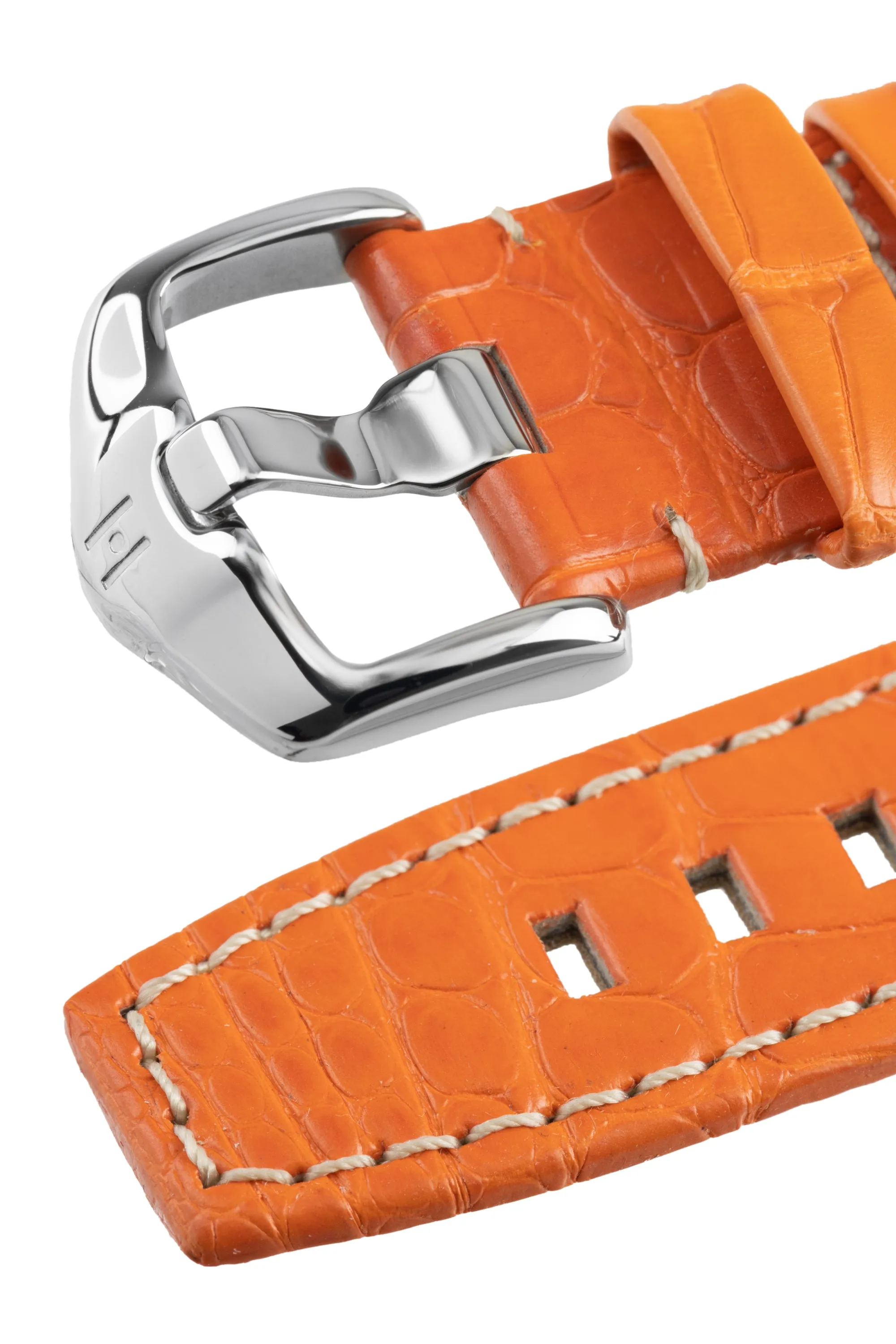Hirsch TRITONE Padded Alligator Leather Watch Strap in ORANGE With WHITE Contrast Stitching