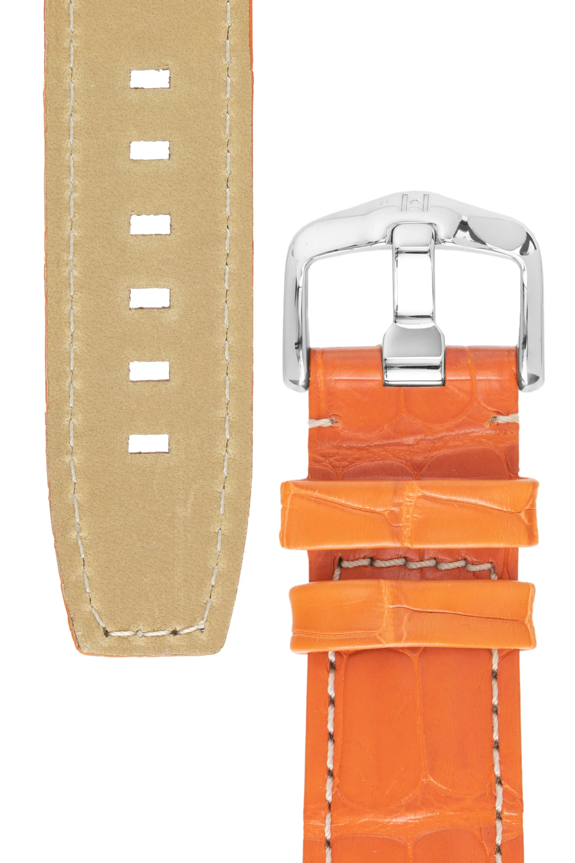 Hirsch TRITONE Padded Alligator Leather Watch Strap in ORANGE With WHITE Contrast Stitching