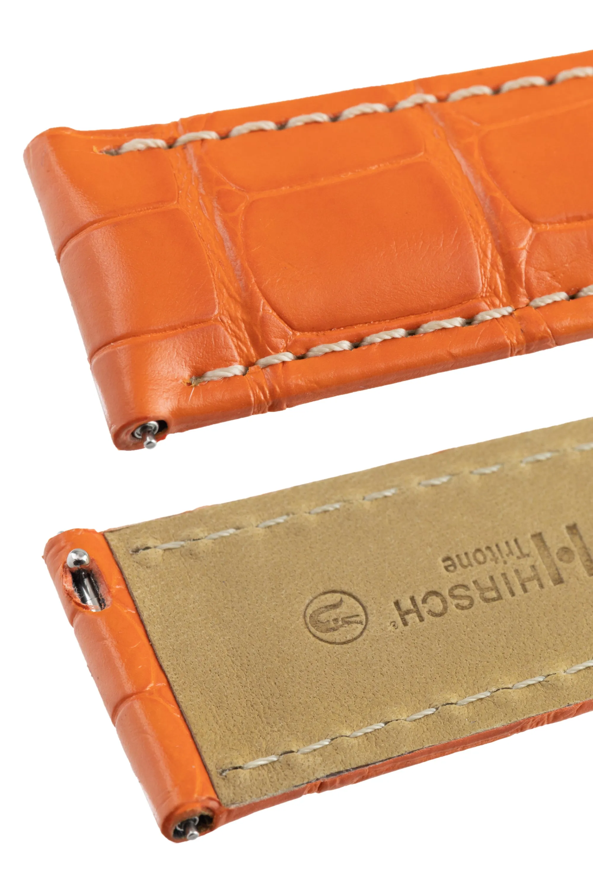 Hirsch TRITONE Padded Alligator Leather Watch Strap in ORANGE With WHITE Contrast Stitching