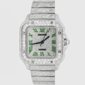 Iced Out Cartier Santos 35mm Medium Green Watch 15.5ct.