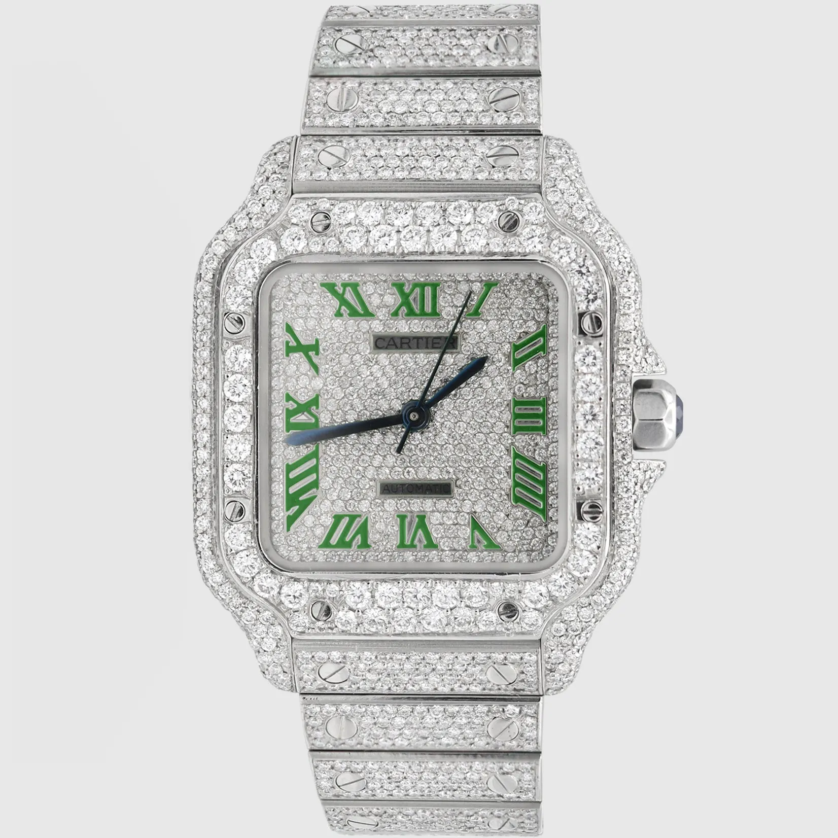 Iced Out Cartier Santos 35mm Medium Green Watch 15.5ct.
