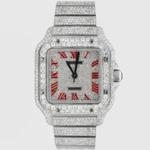 Iced Out Cartier Santos 35mm Medium Red Watch 15.5ct.