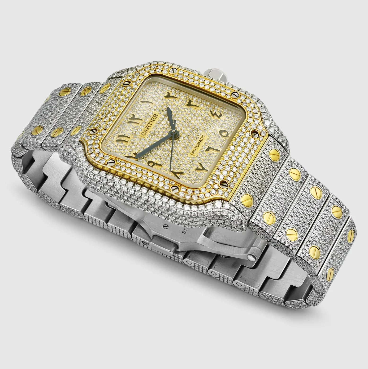 Iced Out Cartier Santos 35mm Two-Tone Medium Watch 15.5ct.