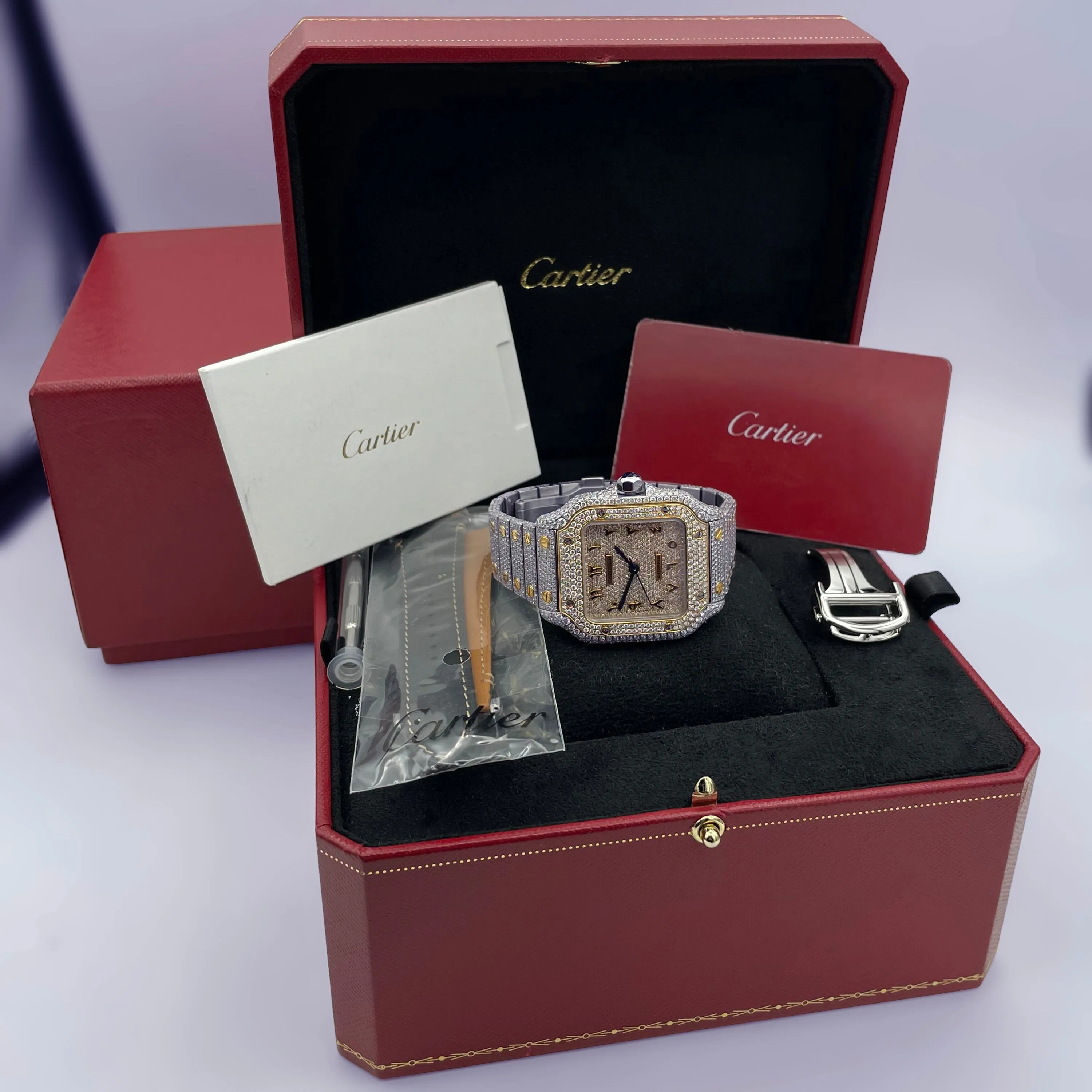 Iced Out Cartier Santos 35mm Two-Tone Medium Watch 15.5ct.