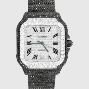 Iced Out Cartier Santos 40mm Black Diamond Watch 23.5ct.
