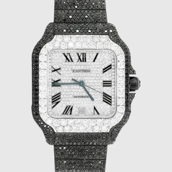 Iced Out Cartier Santos 40mm Black Diamond Watch 23.5ct.