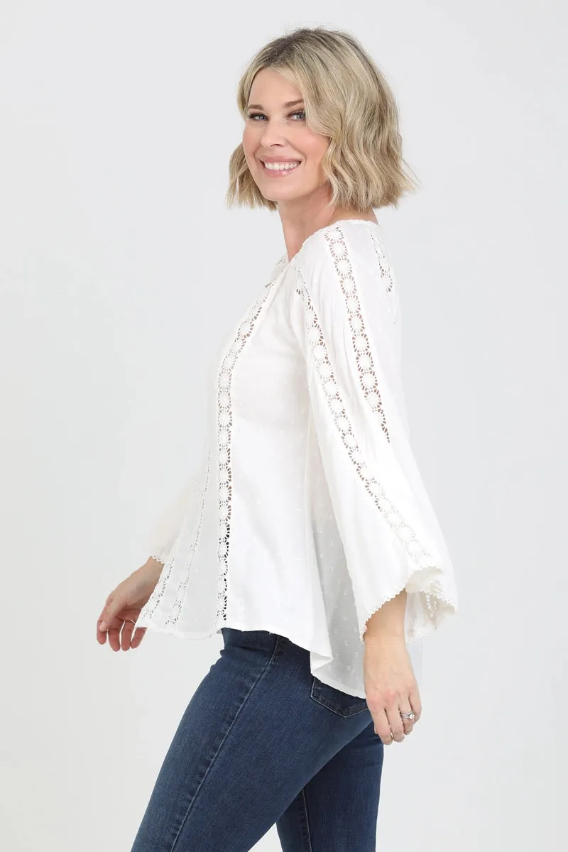 Ivory Swiss Dot Top Open Crochet Detail Bell Sleeve Blouse