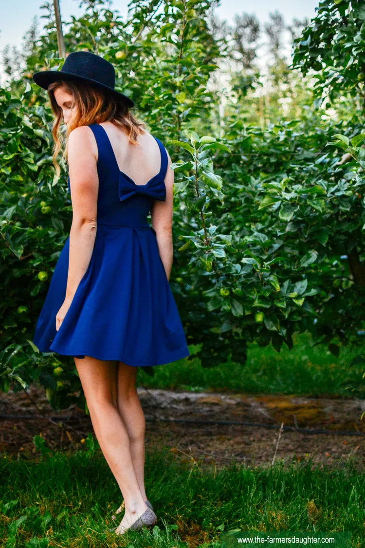 JANUARY | Navy Blue Short Ponte Fit   Flare Dress with Back Bow