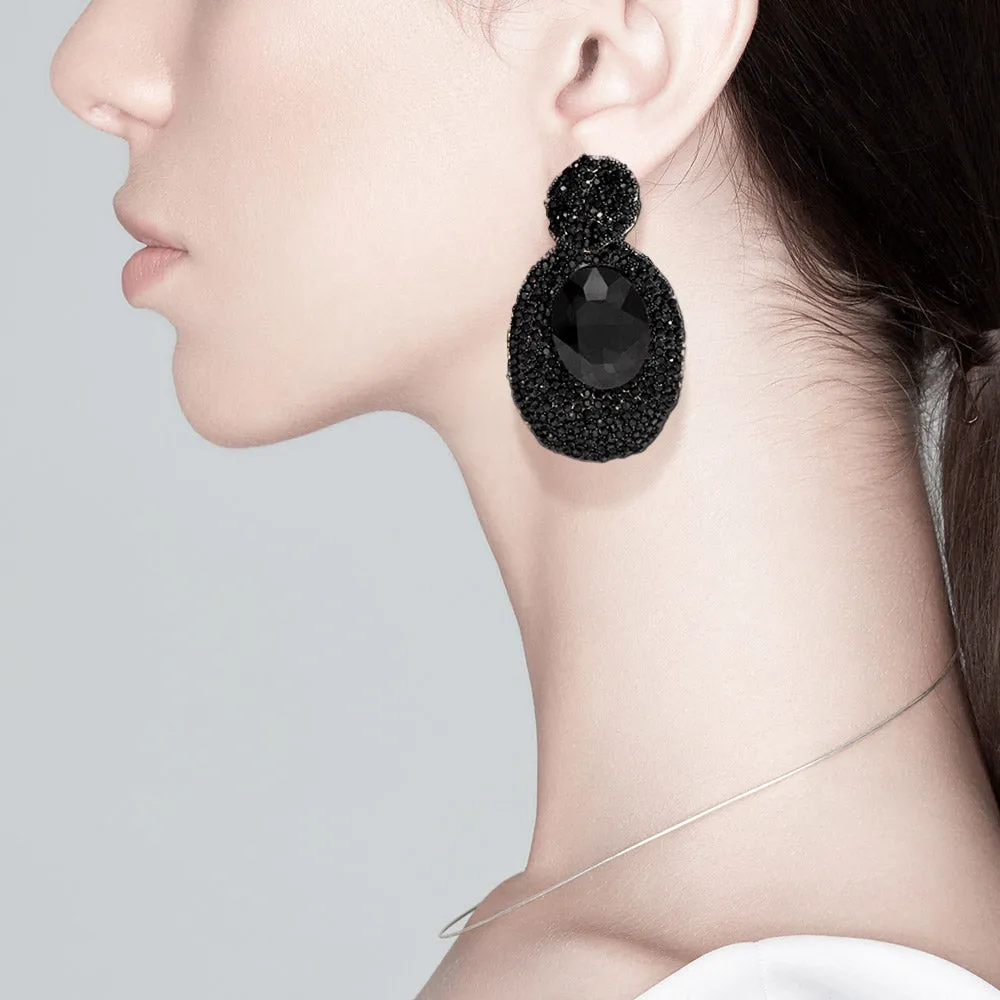 Jet Black Rhinestone Oval Dangle Pageant Earrings | Fashion Earrings | Prom Earrings |  632610