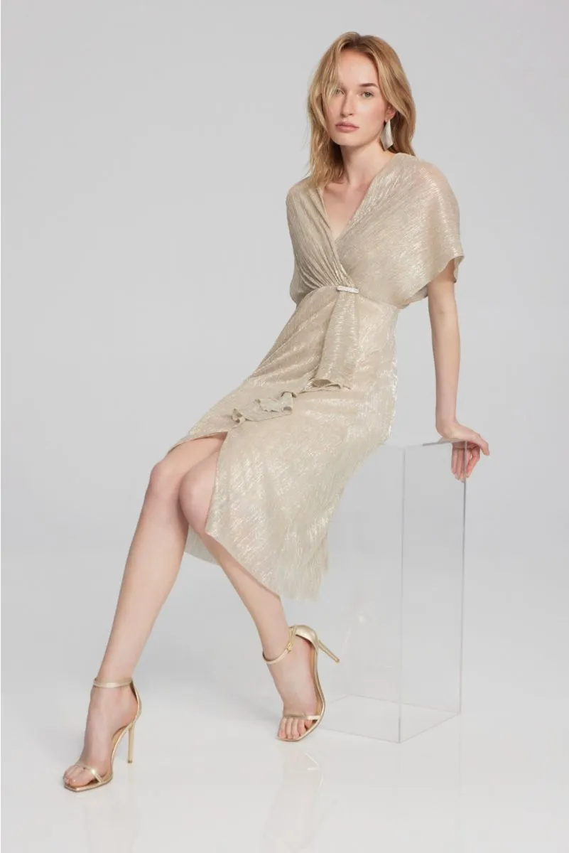 Joseph Ribkoff Champagne/Gold Pleated Faux Wrap Short Flutter Sleeves Fit & Flare Dress 241714