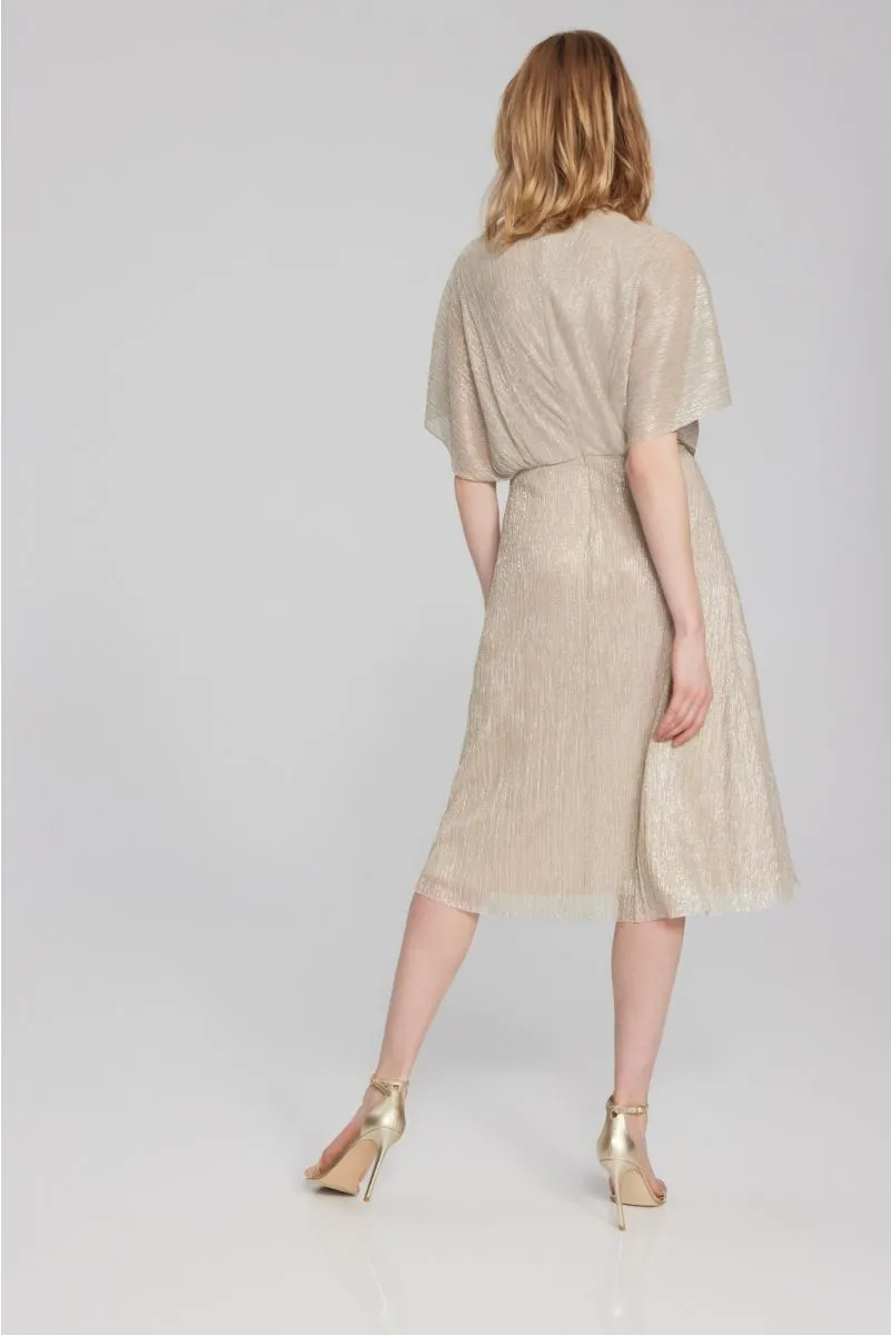 Joseph Ribkoff Champagne/Gold Pleated Faux Wrap Short Flutter Sleeves Fit & Flare Dress 241714