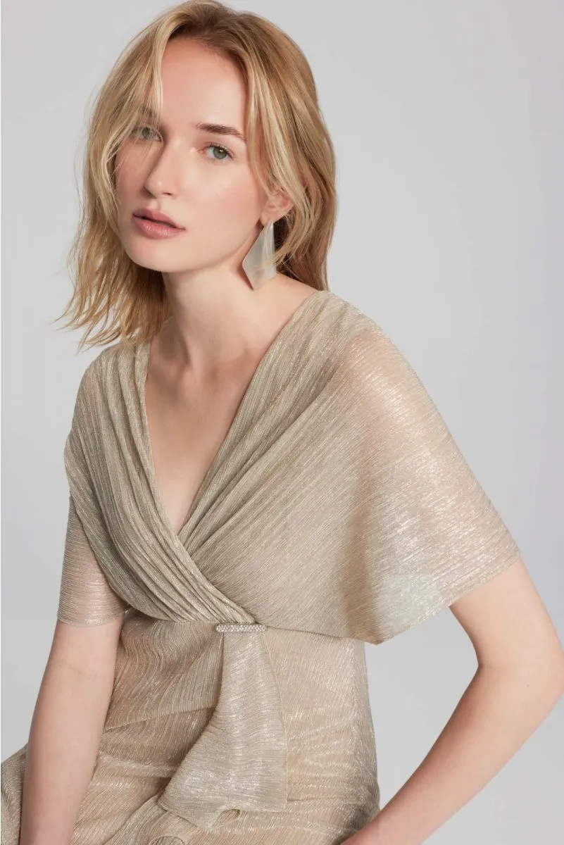 Joseph Ribkoff Champagne/Gold Pleated Faux Wrap Short Flutter Sleeves Fit & Flare Dress 241714
