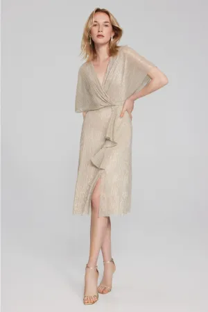 Joseph Ribkoff Champagne/Gold Pleated Faux Wrap Short Flutter Sleeves Fit & Flare Dress 241714