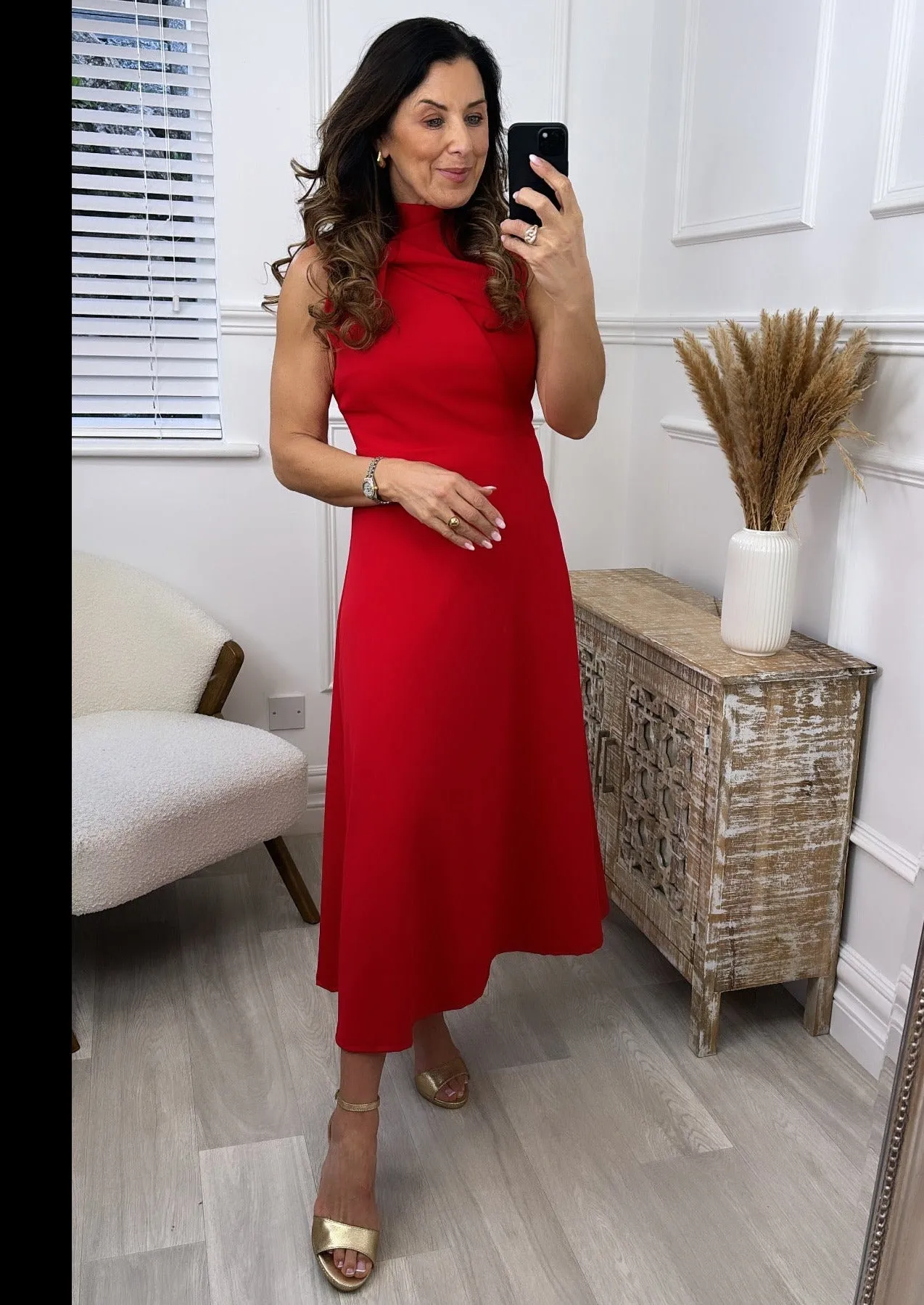 Julie Red Knot Neck Midi Dress