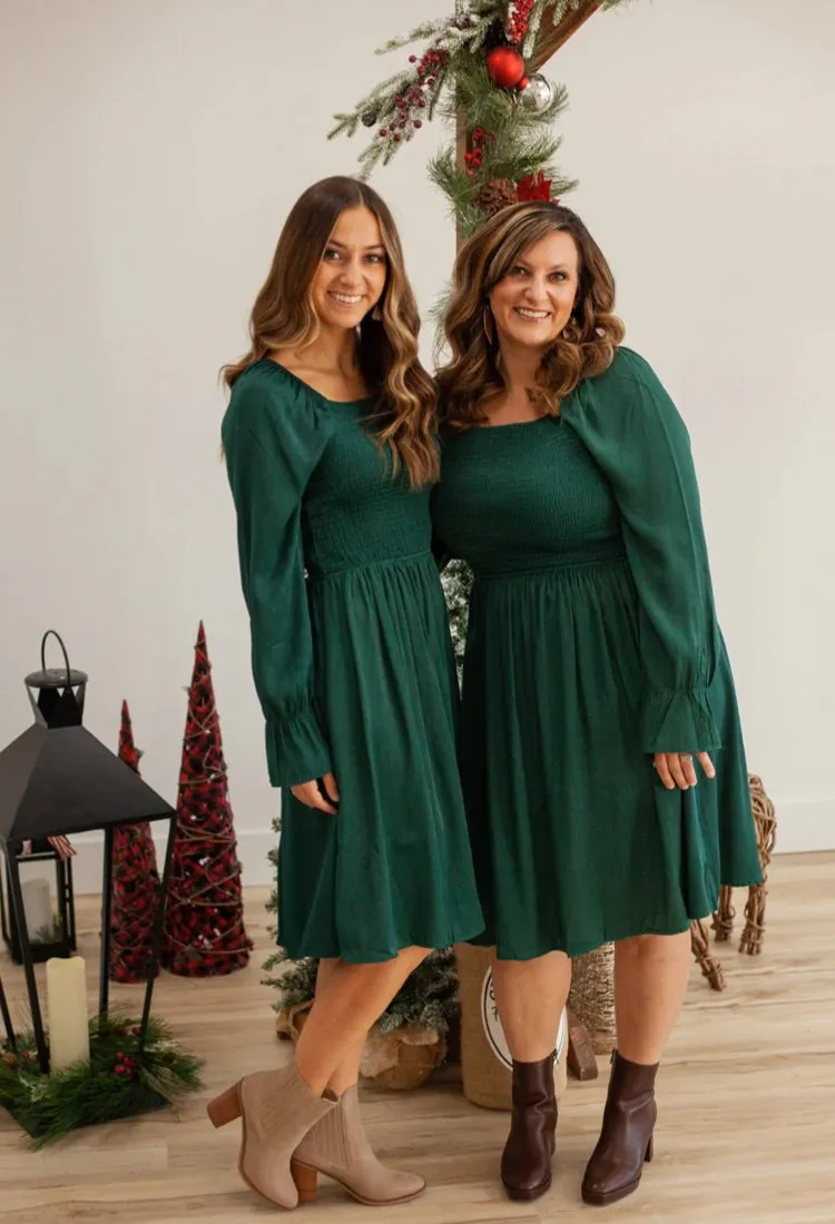 Juliette Smocked Midi Dress in Pine