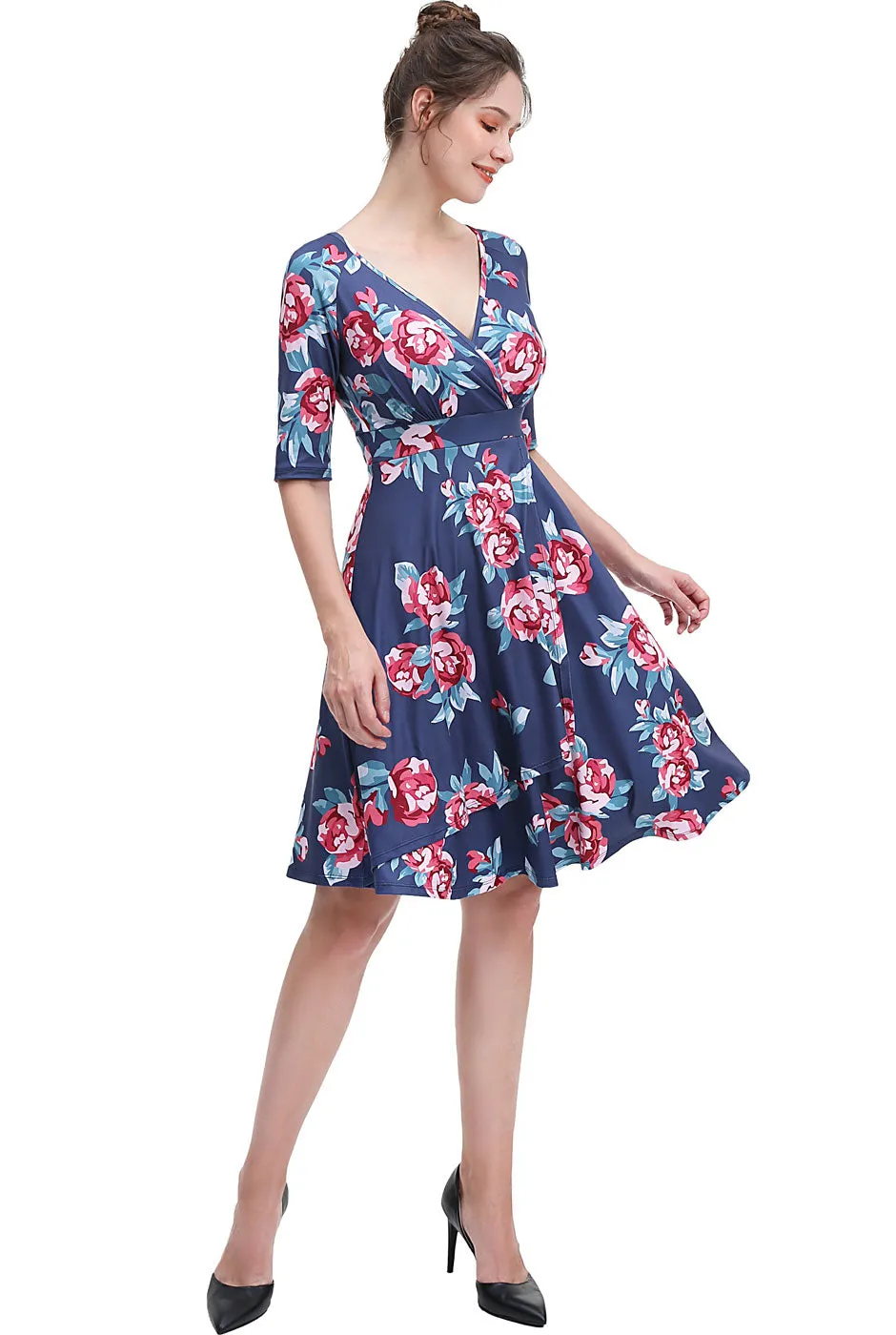 Kimi   Kai Women's "Portia" Floral Print Faux Wrap Midi Dress