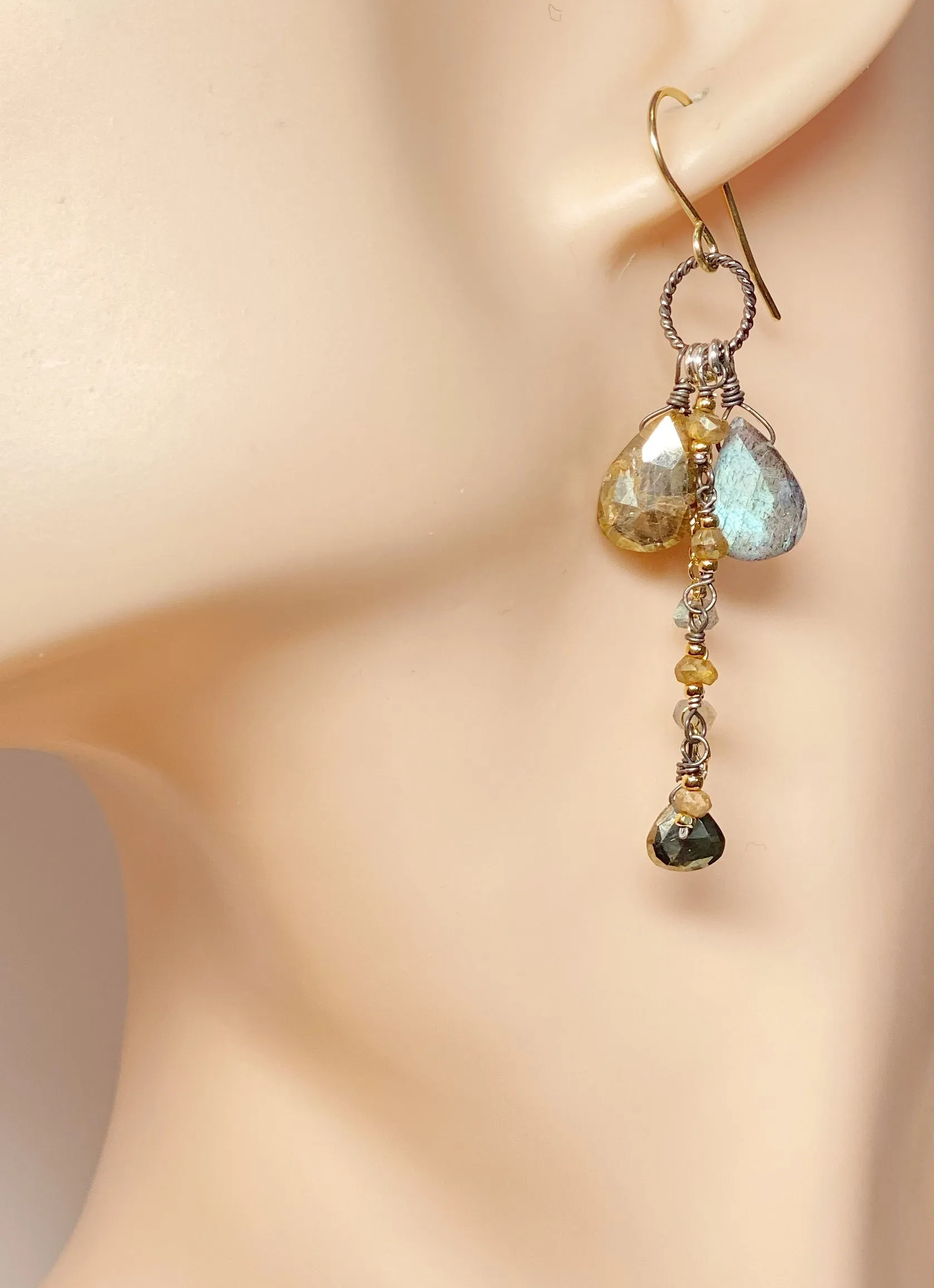 Labradorite Boho Long Gem Dangle Earrings in Mixed Metals