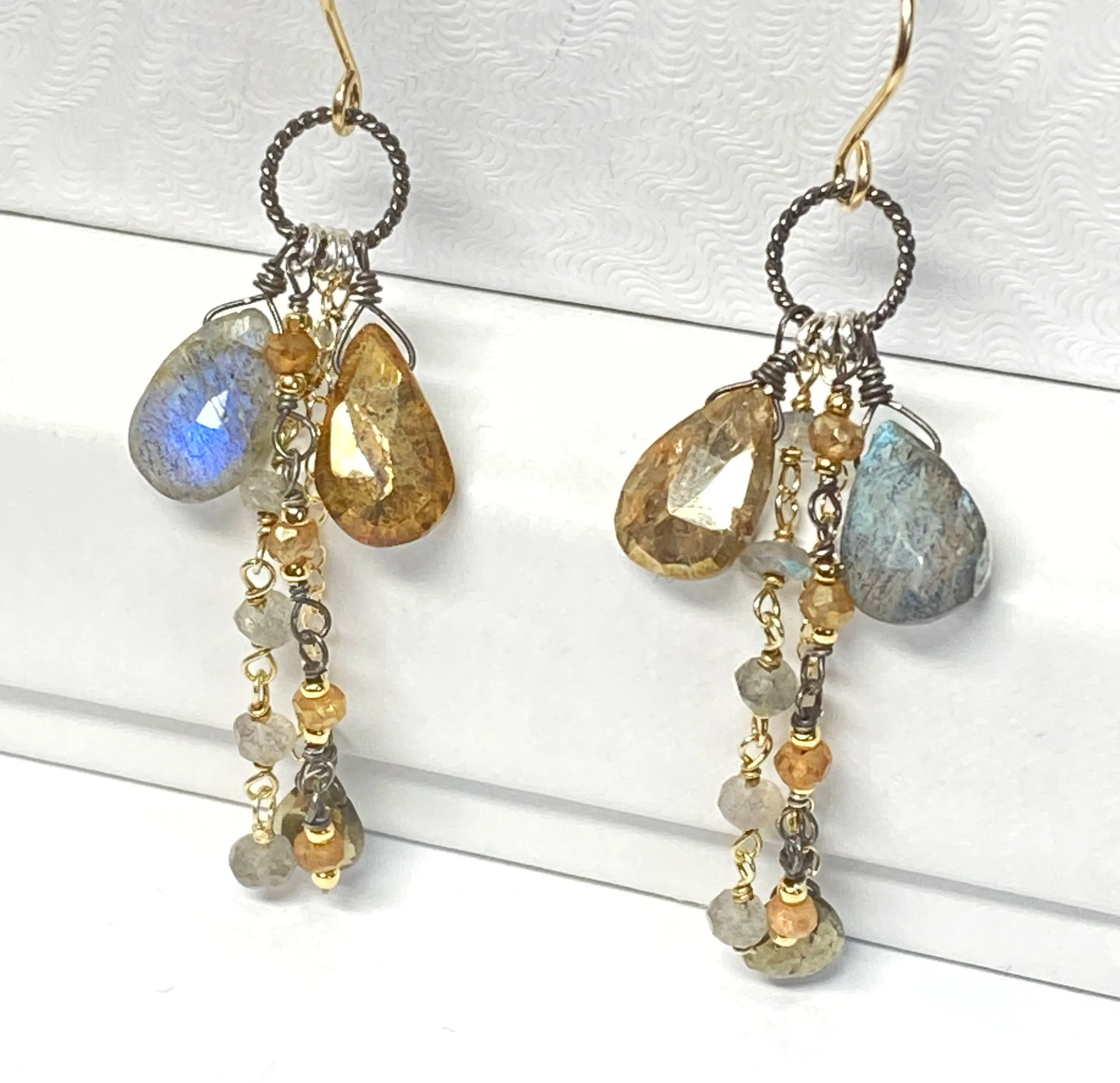 Labradorite Boho Long Gem Dangle Earrings in Mixed Metals