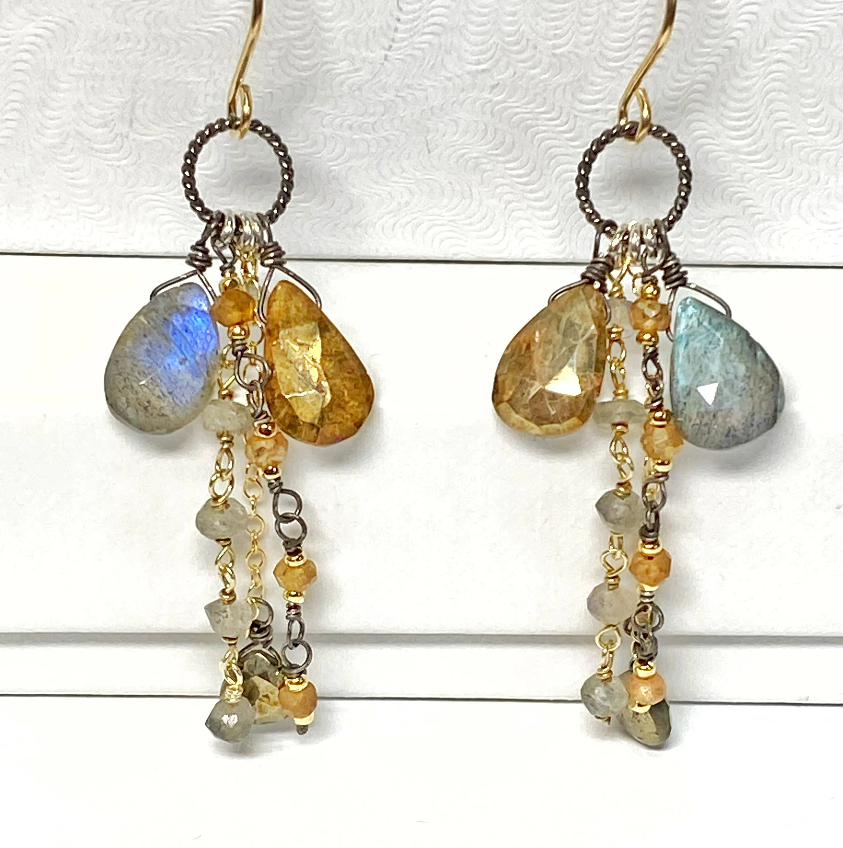 Labradorite Boho Long Gem Dangle Earrings in Mixed Metals