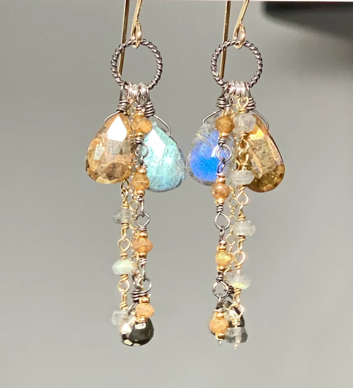 Labradorite Boho Long Gem Dangle Earrings in Mixed Metals