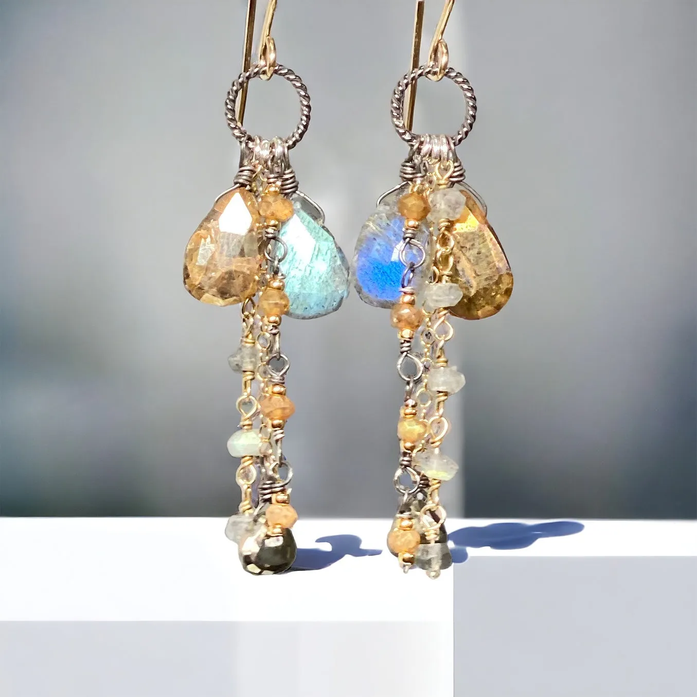 Labradorite Boho Long Gem Dangle Earrings in Mixed Metals