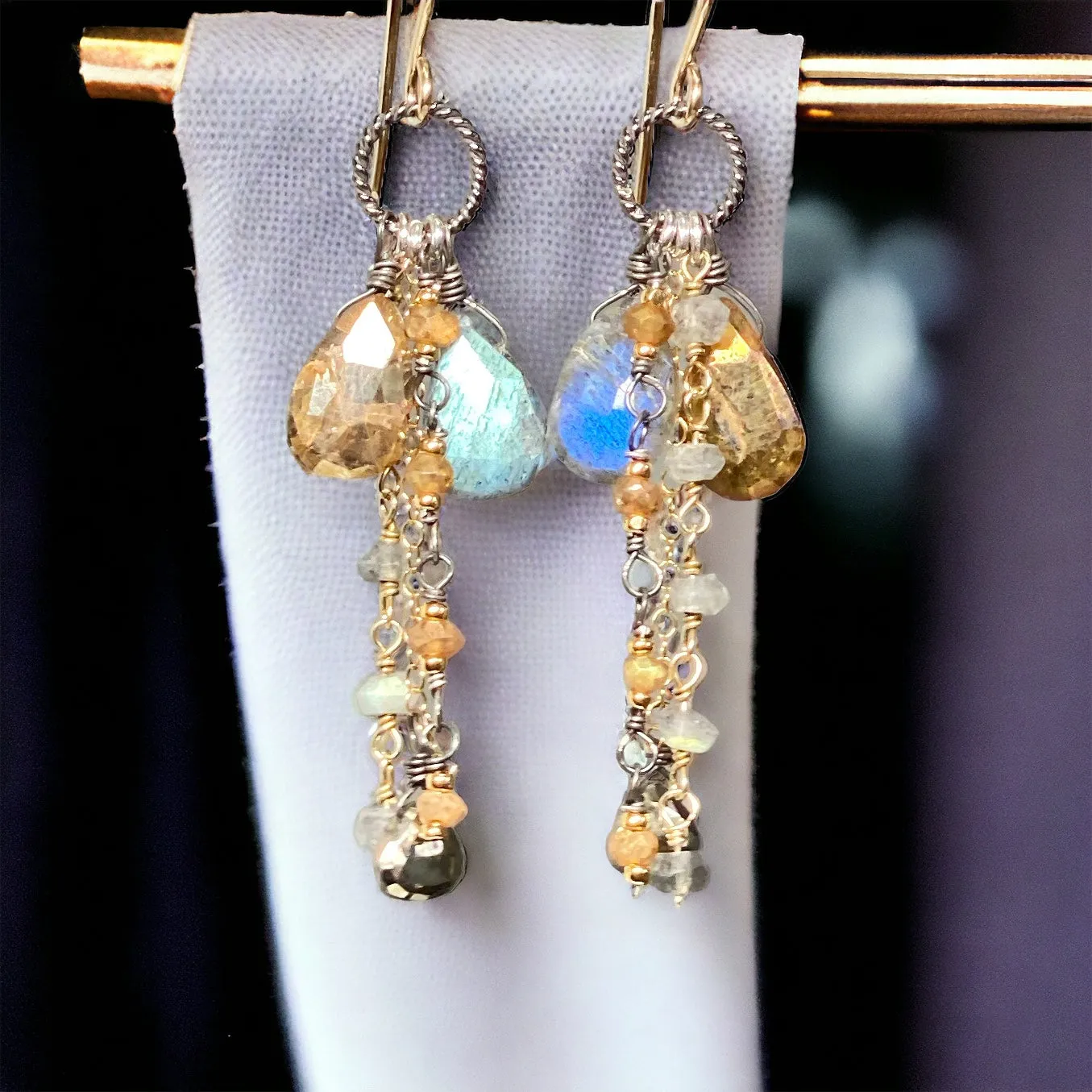 Labradorite Boho Long Gem Dangle Earrings in Mixed Metals