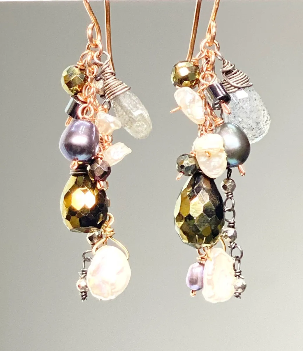 Labradorite Mixed Metal Dangle Earrings Rose Gold Oxidized Silver