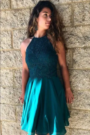 Lace Teal Green Homecoming Dresses Short Chiffon Skirt