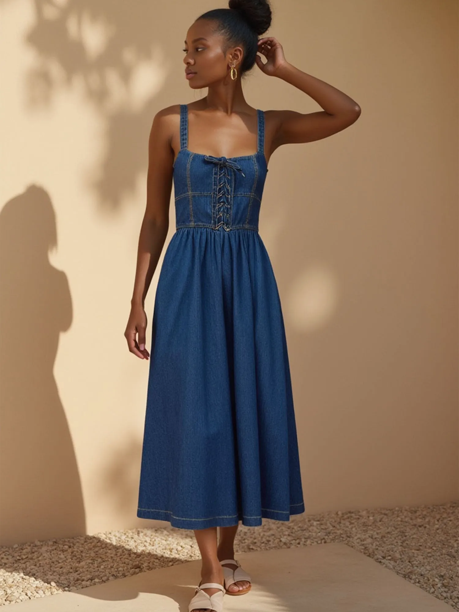 Lace Up Denim Corset Fit Flare Midi Dress