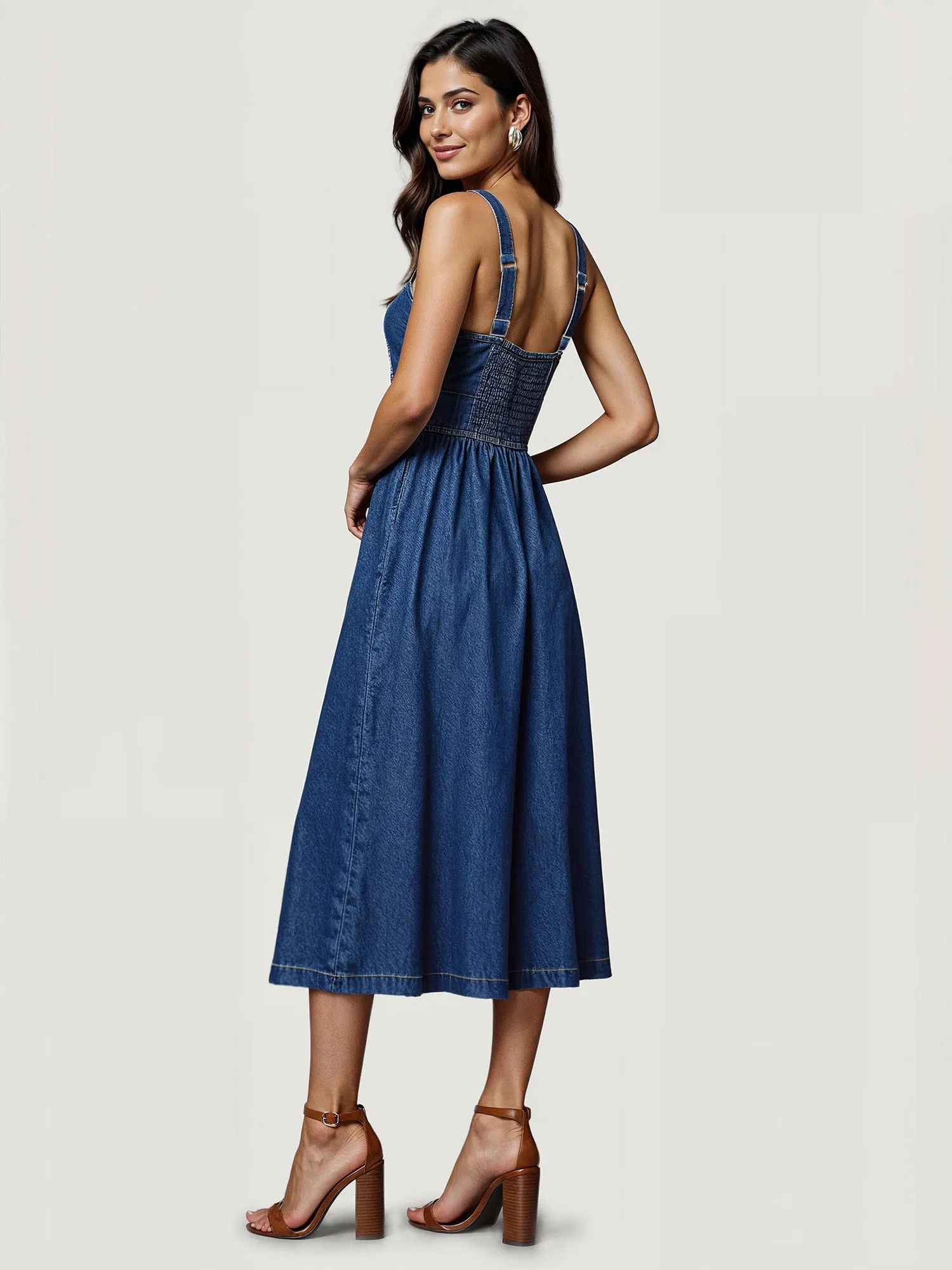 Lace Up Denim Corset Fit Flare Midi Dress