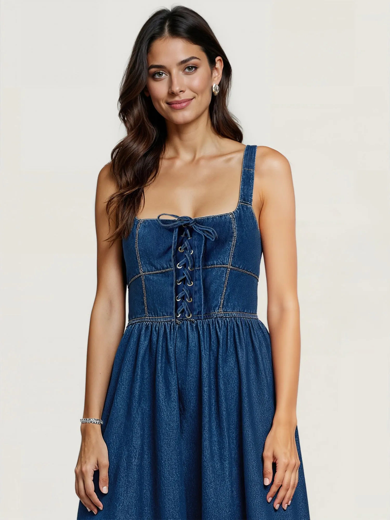 Lace Up Denim Corset Fit Flare Midi Dress