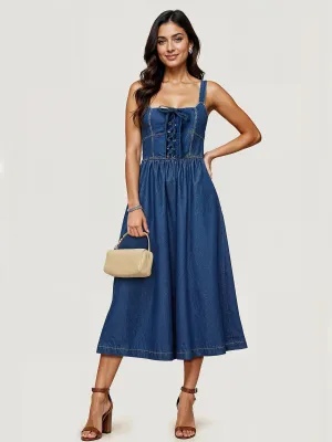 Lace Up Denim Corset Fit Flare Midi Dress
