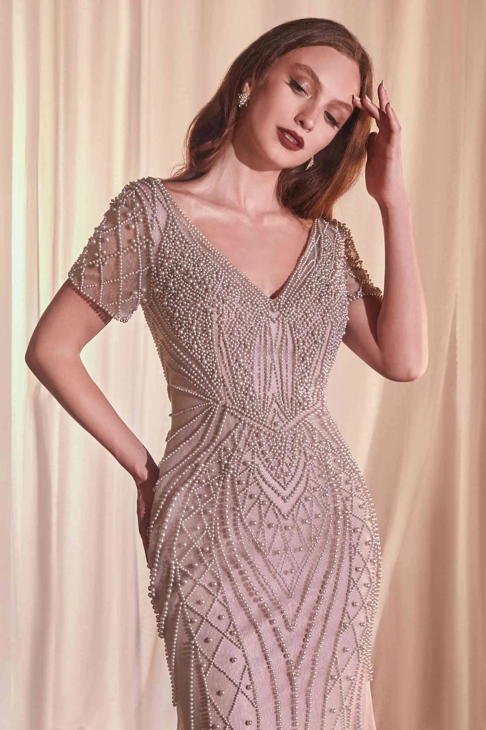 Ladivine CC4019 Dress Short Sleeve Beaded Fit & Flare Gown