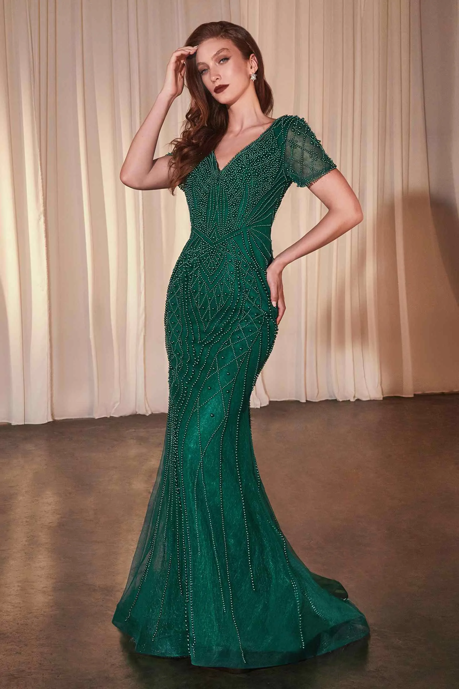 Ladivine CC4019 Dress Short Sleeve Beaded Fit & Flare Gown