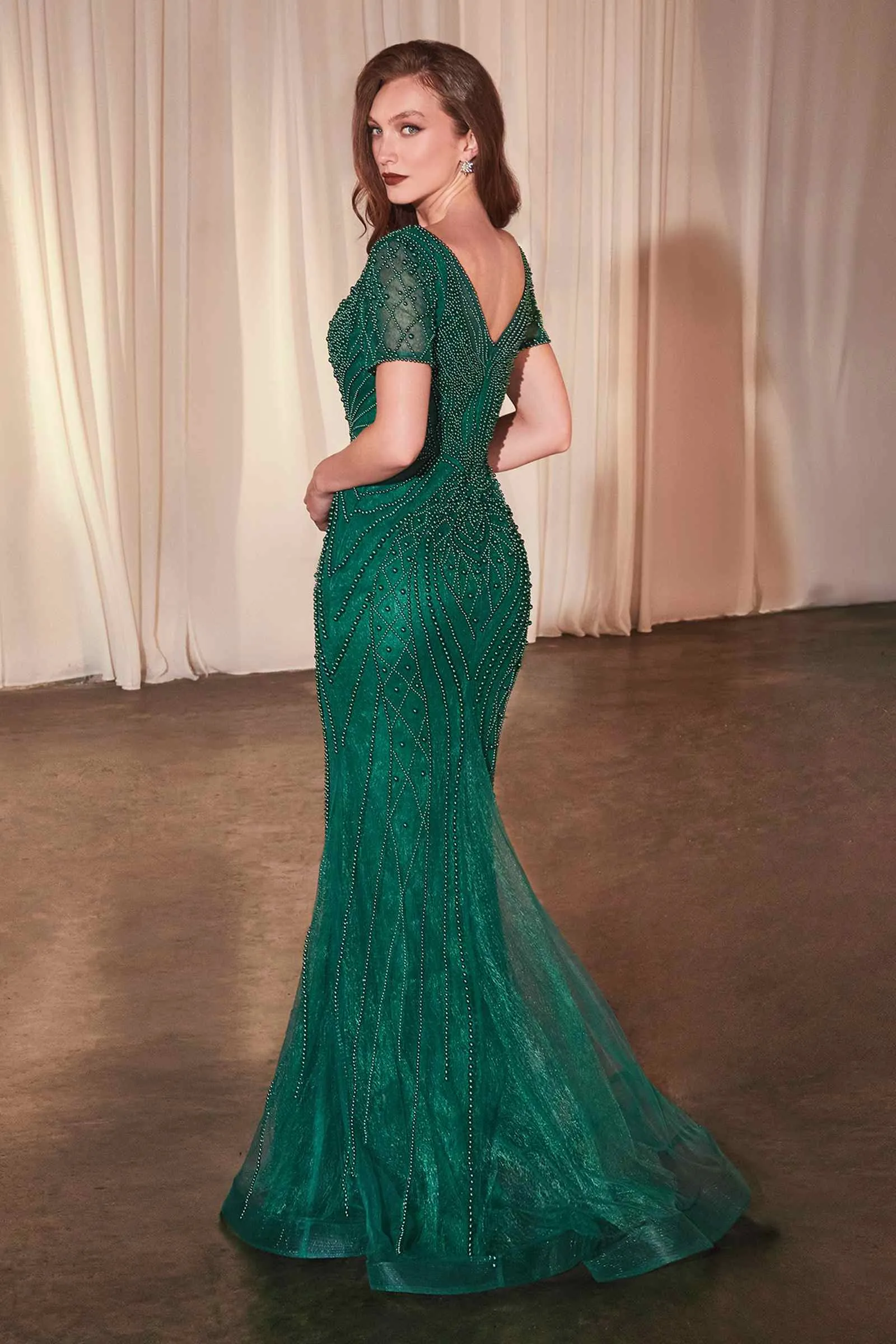 Ladivine CC4019 Dress Short Sleeve Beaded Fit & Flare Gown