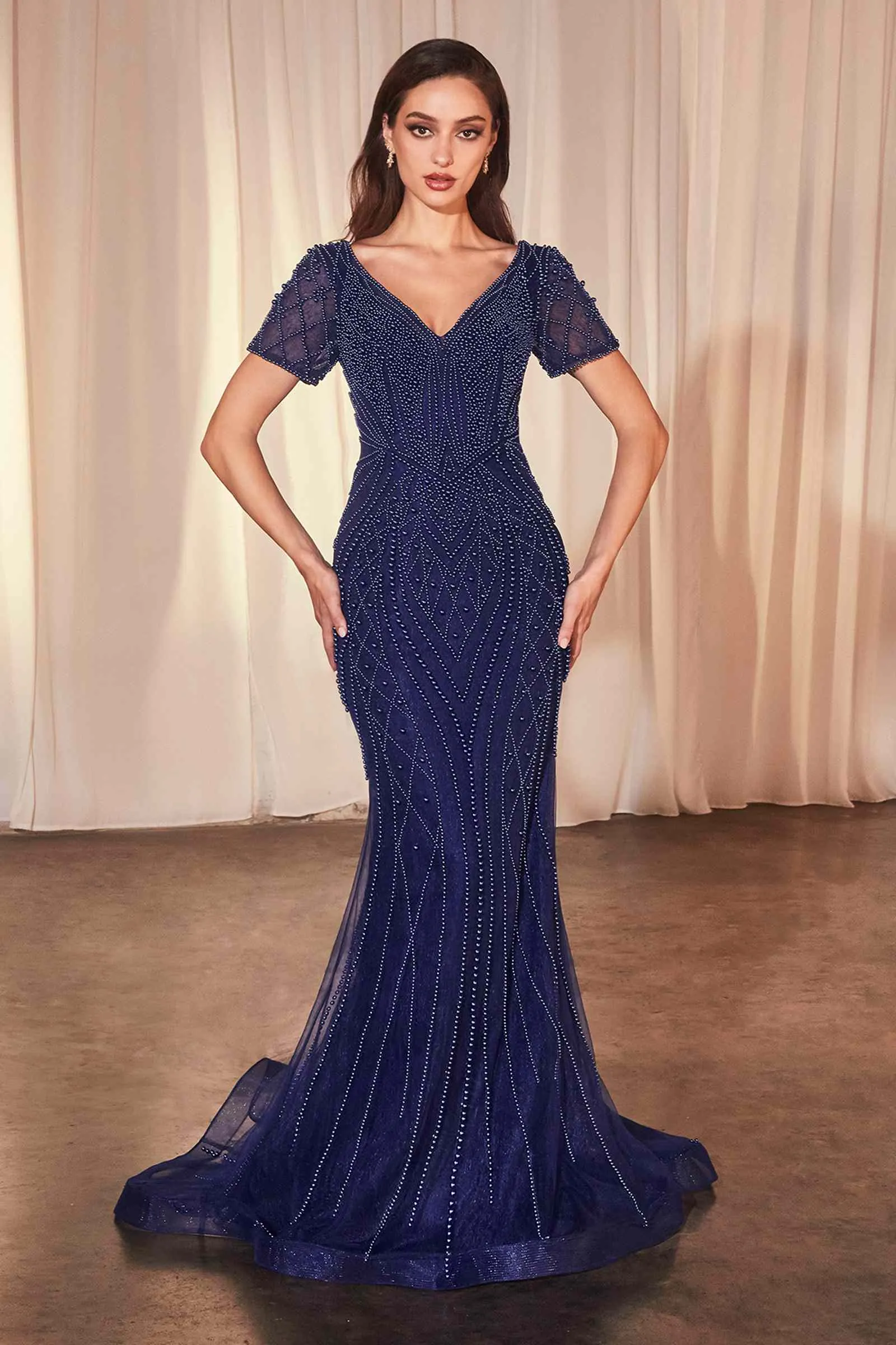 Ladivine CC4019 Dress Short Sleeve Beaded Fit & Flare Gown