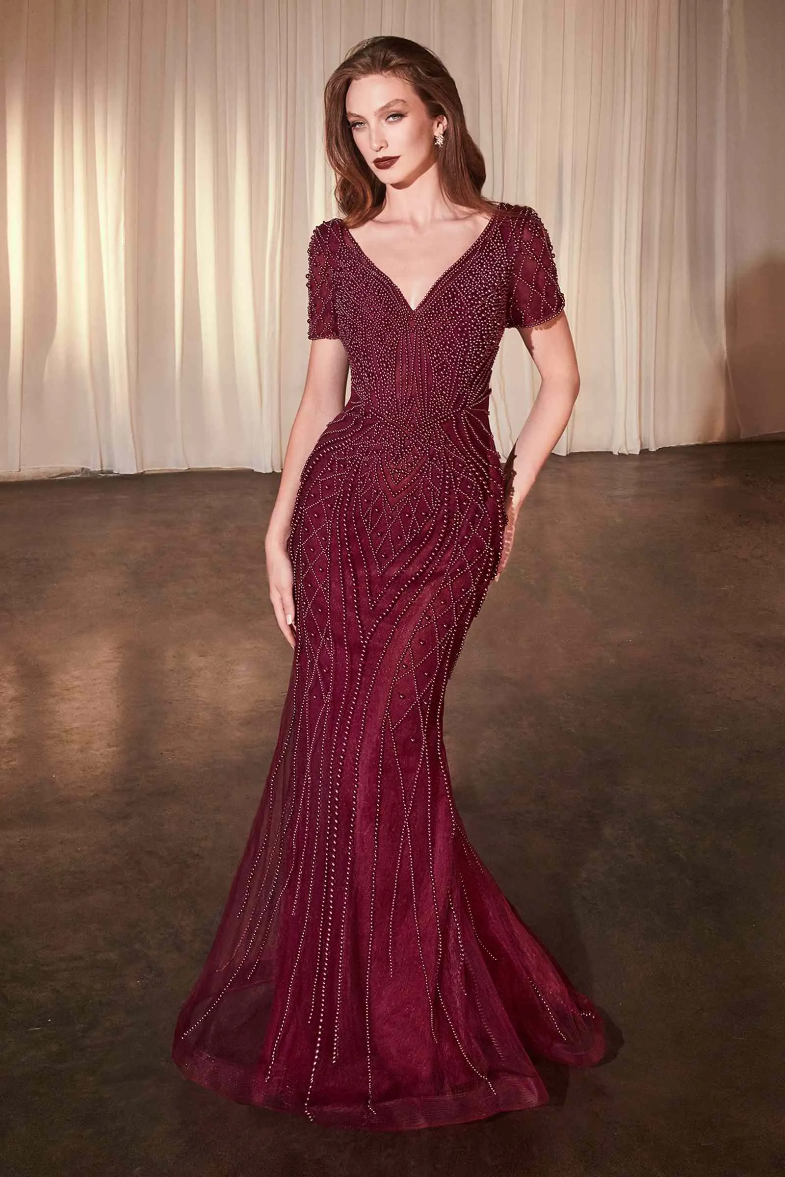 Ladivine CC4019 Dress Short Sleeve Beaded Fit & Flare Gown