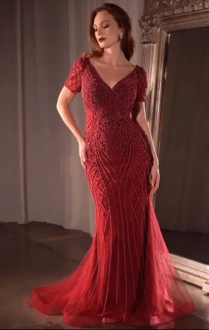 Ladivine CC4019 Dress Short Sleeve Beaded Fit & Flare Gown