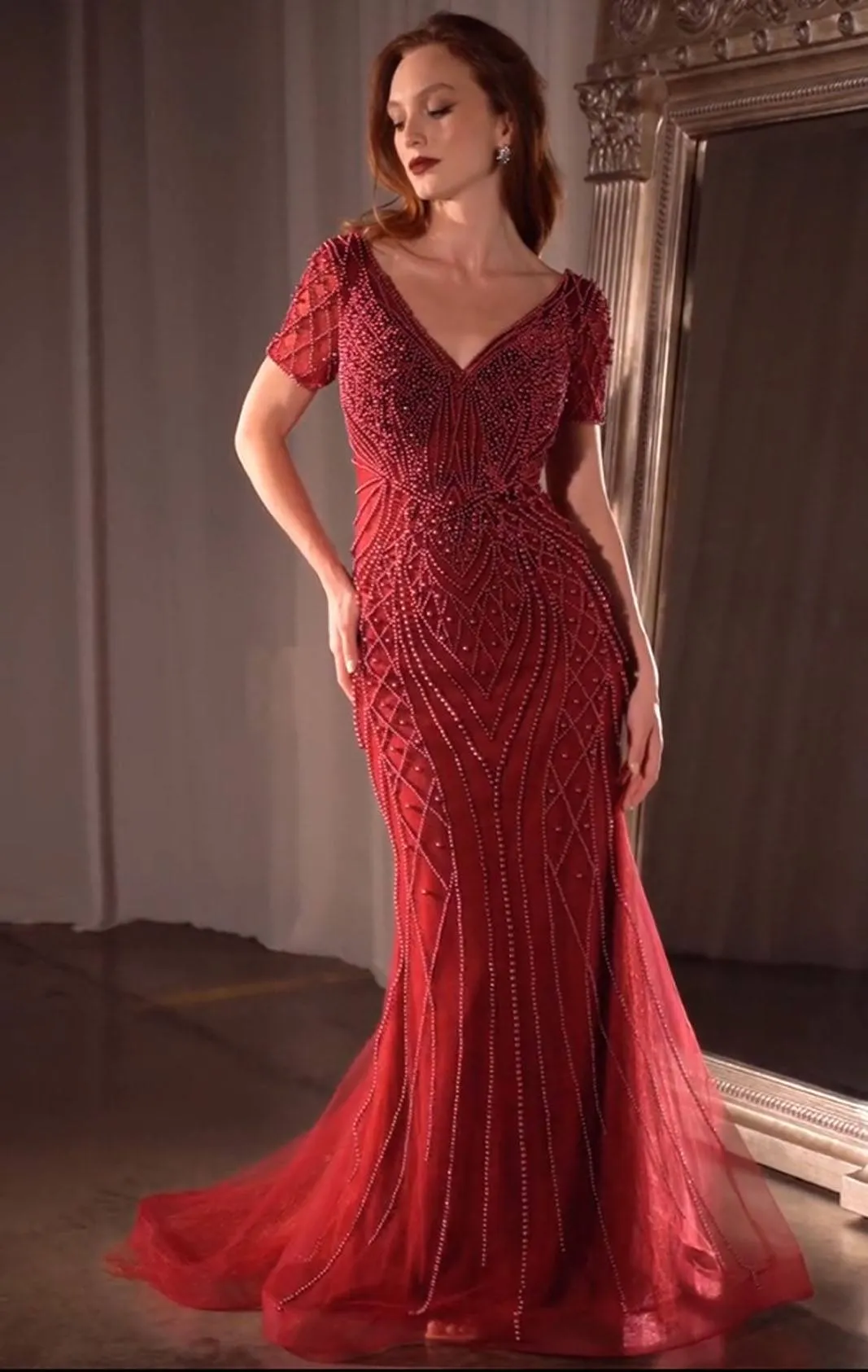 Ladivine CC4019 Dress Short Sleeve Beaded Fit & Flare Gown