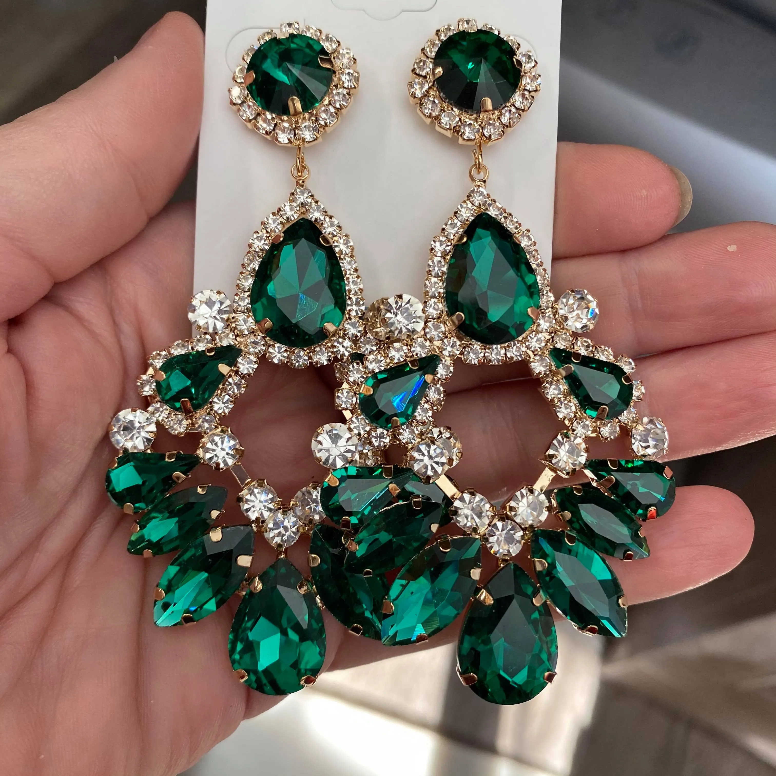 Large Emerald Crystal Teardrop Chandelier Earrings | 459585